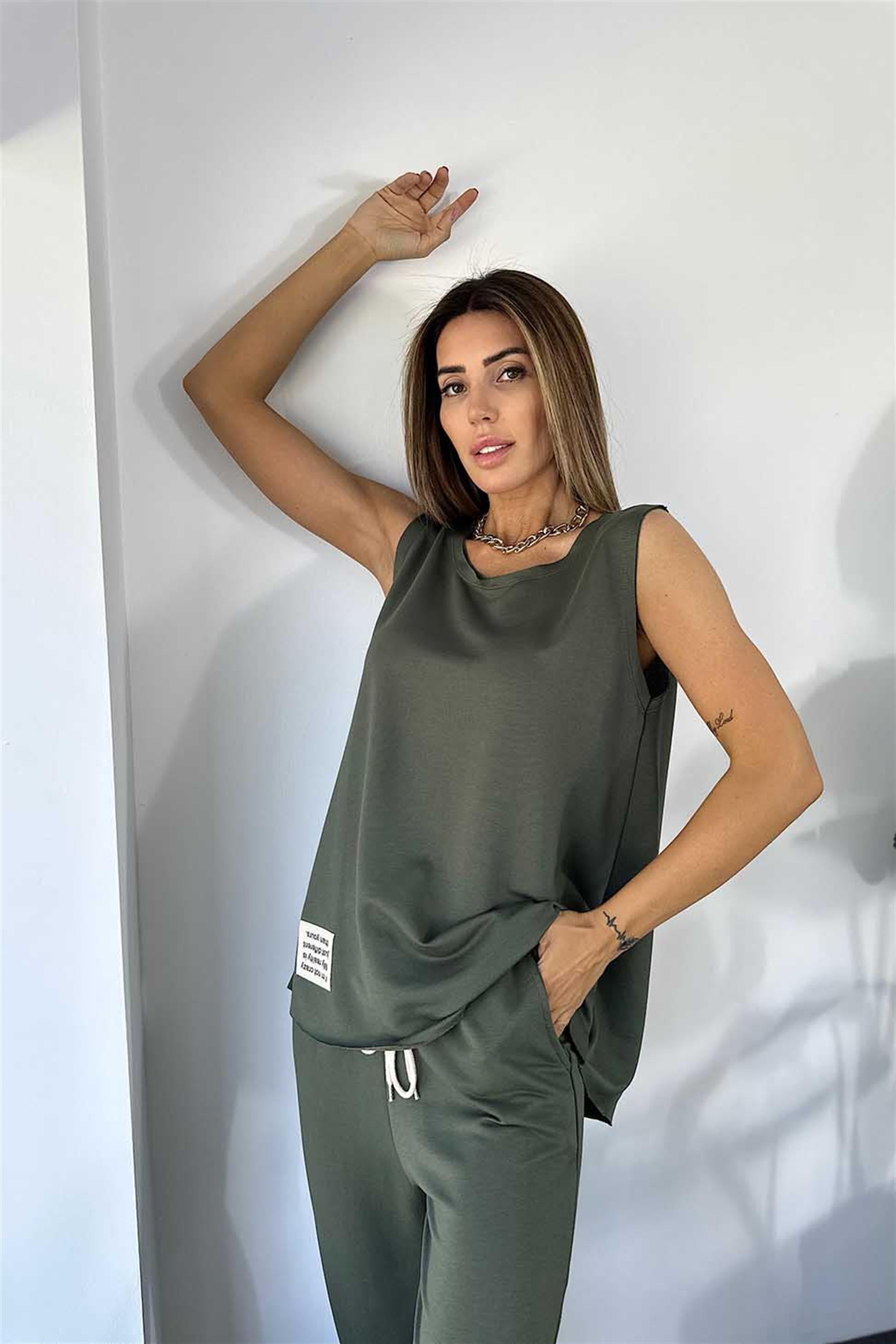 Premium Kalite Pamuklu Arma Detay Bluz Pantolon Kadın Takım Haki