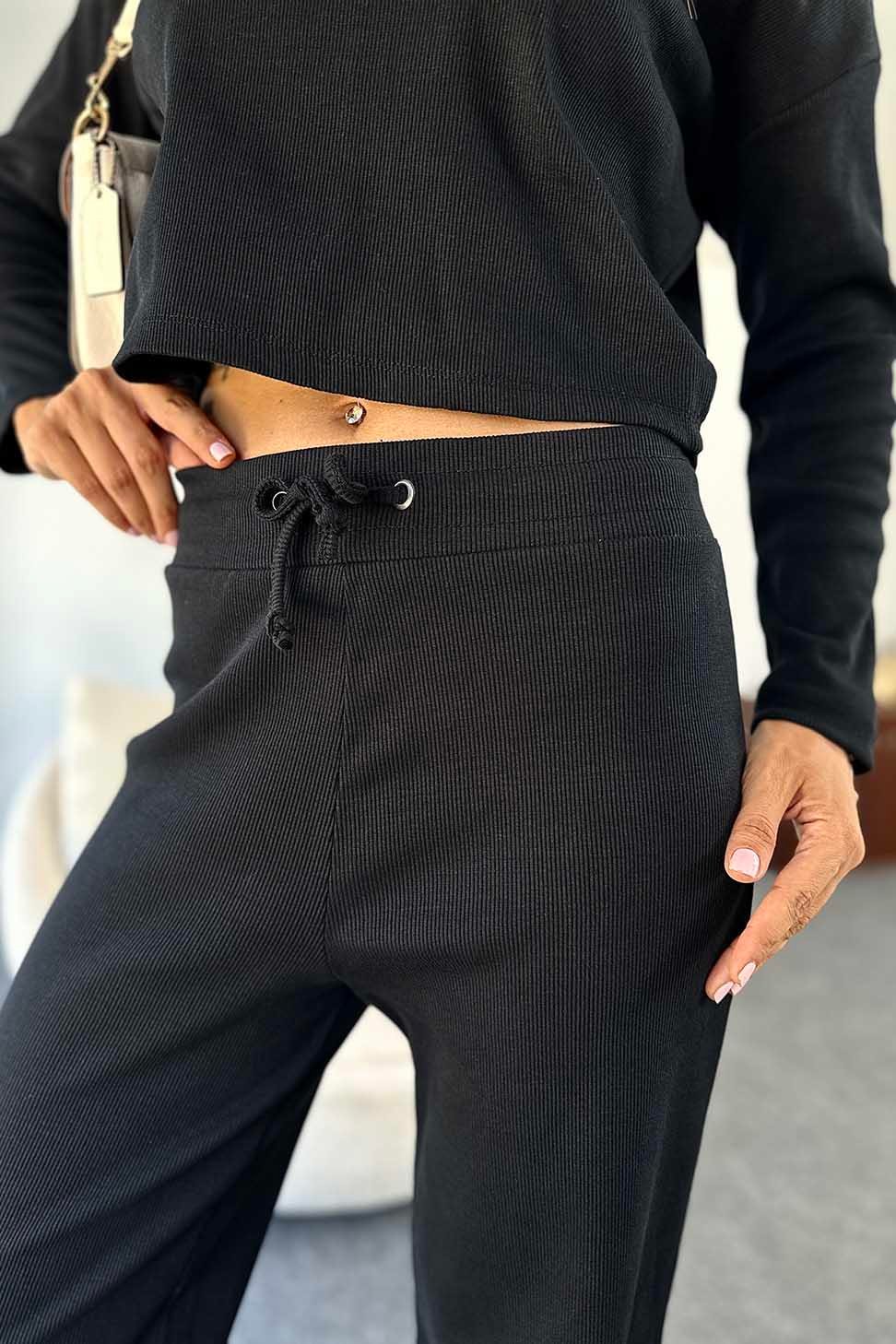 Premium Kalite Pamuklu Kumaş Fitilli Kadın Takım Siyah