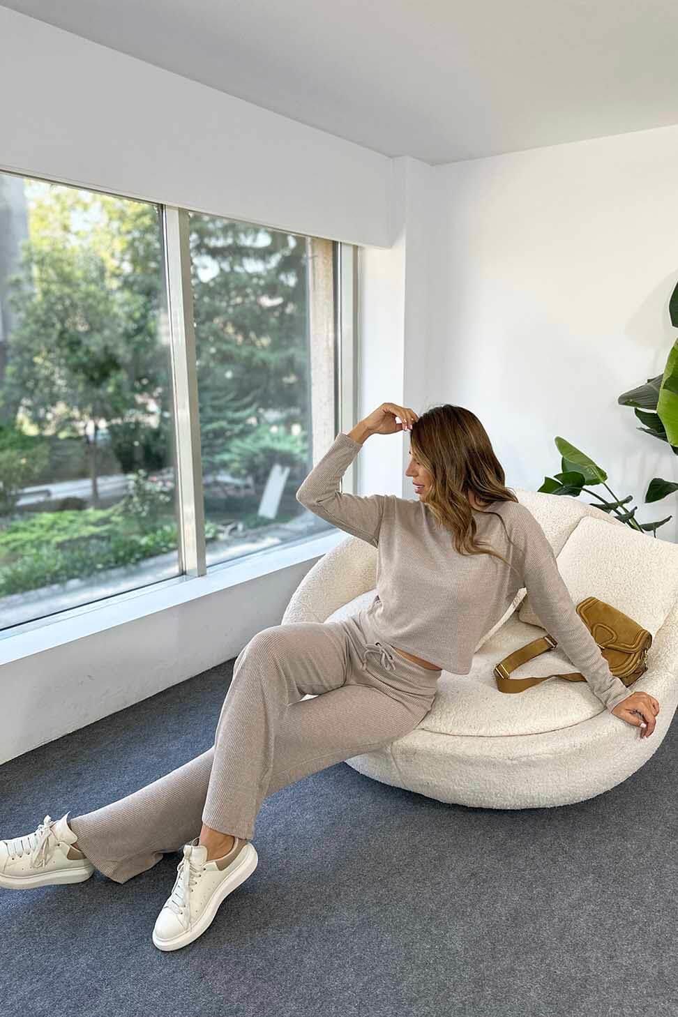 Premium Kalite Pamuklu Kumaş Fitilli Kadın Takım Vizon