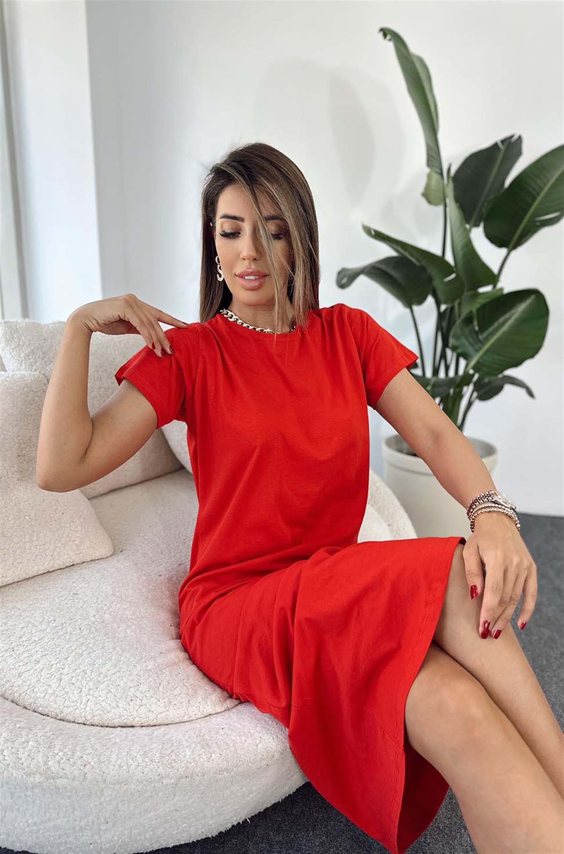 Premium Kalite Pamuklu Penye Elbise Kırmızı