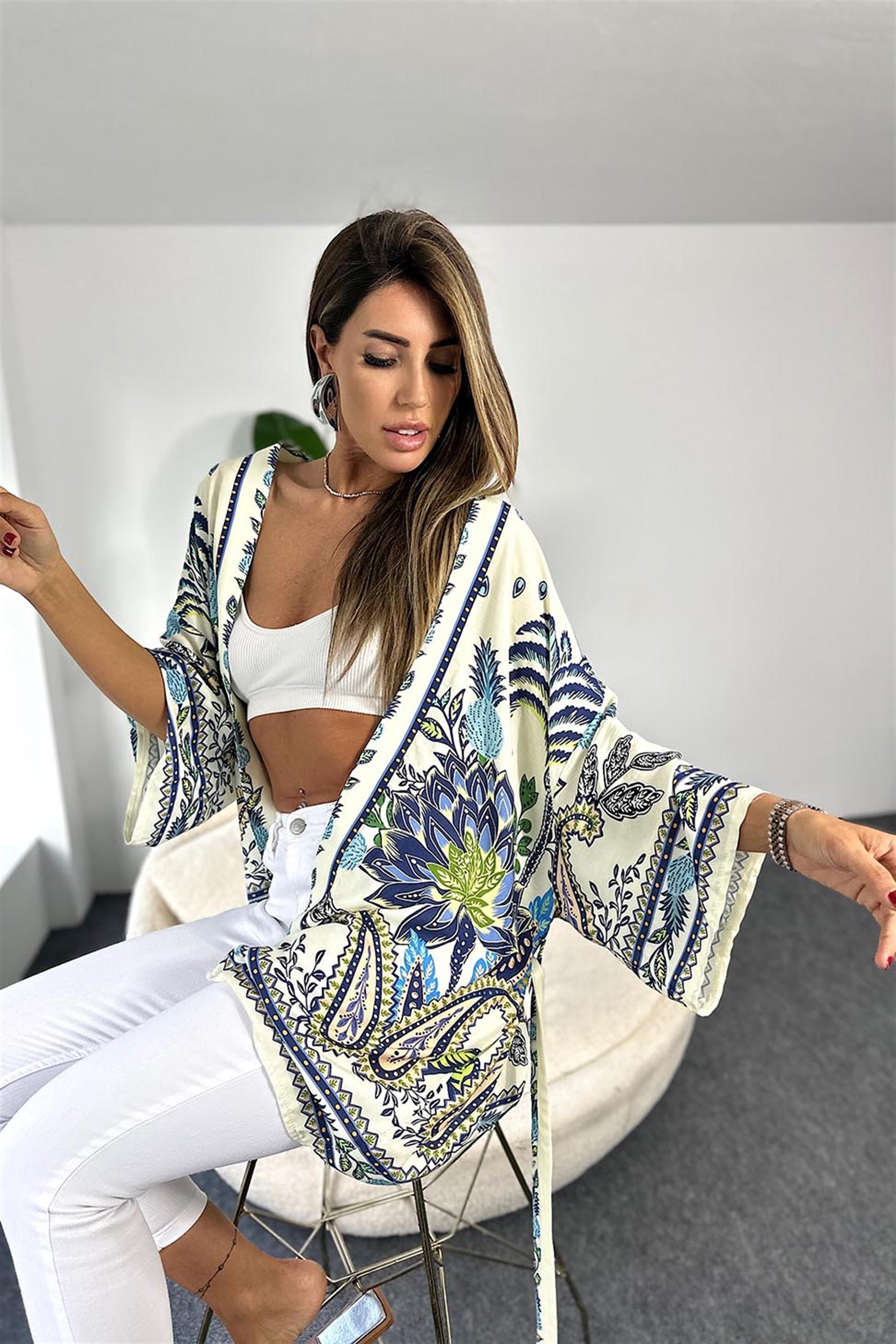 Premium Kalite Pamuklu Penye Şal Desenli Kuşaklı Kimono Mavi