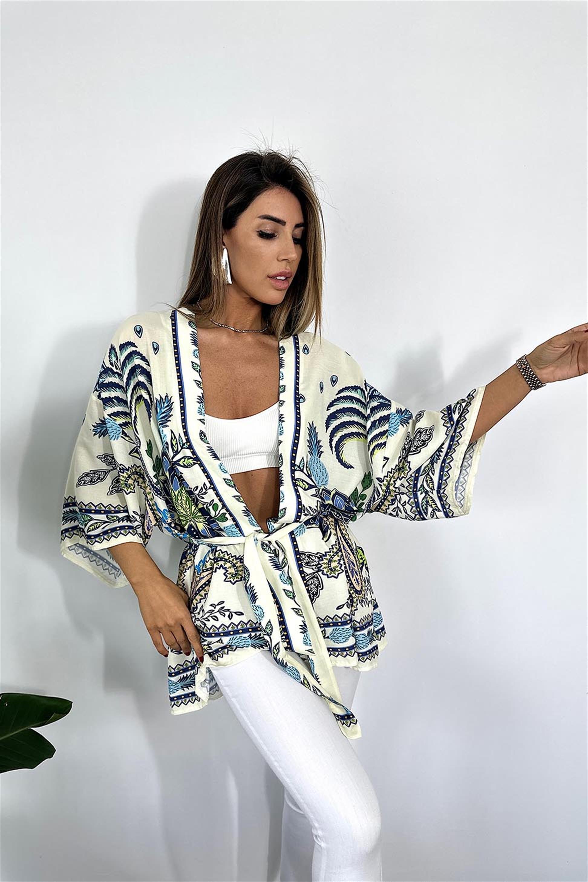 Premium Kalite Pamuklu Penye Şal Desenli Kuşaklı Kimono Mavi