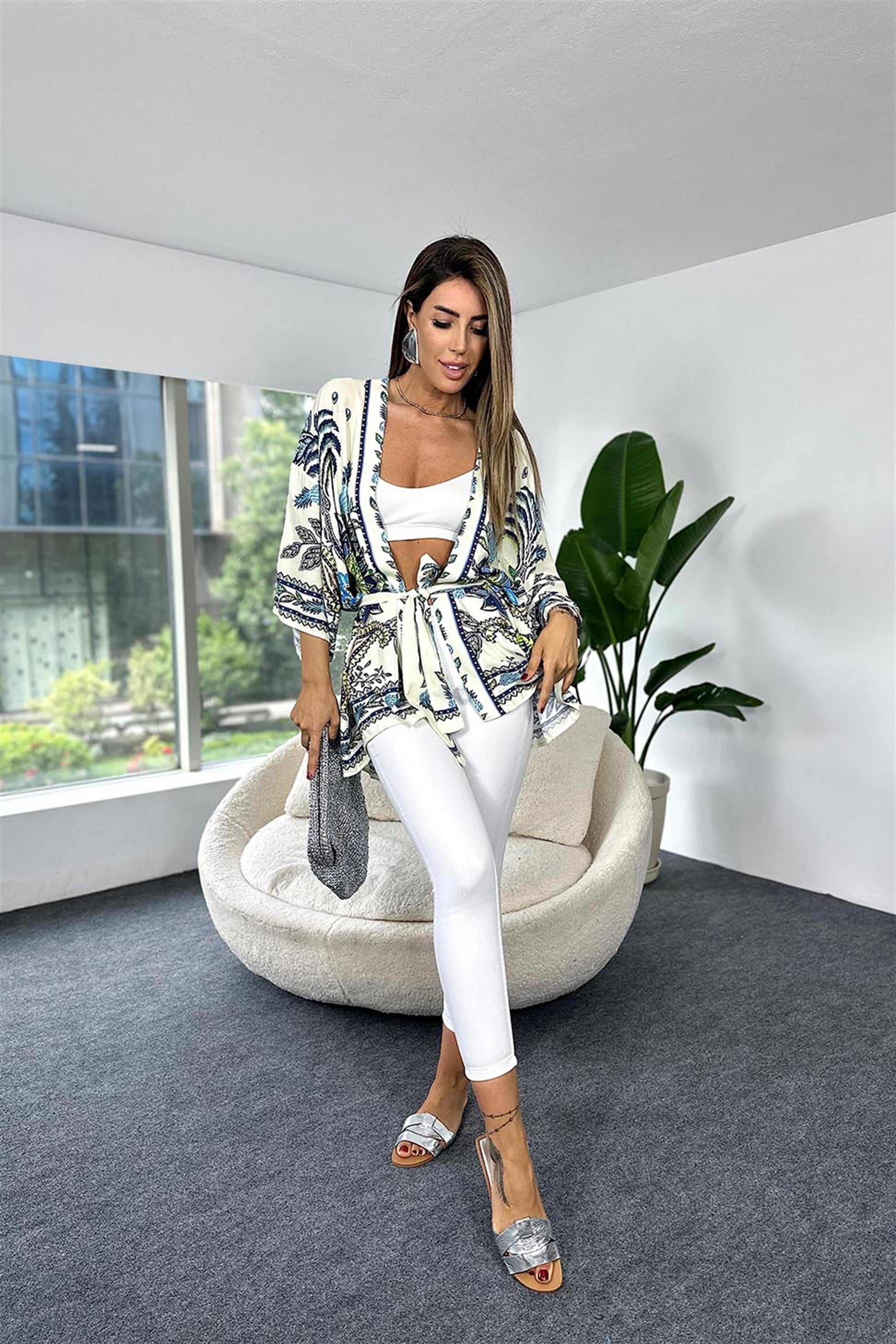 Premium Kalite Pamuklu Penye Şal Desenli Kuşaklı Kimono Mavi