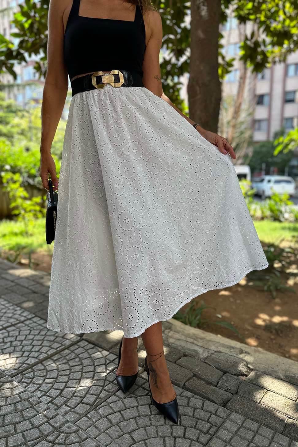 Premium Kalite Pamuklu Poplin Kumaş Fisto Detay Astarlı Etek Beyaz