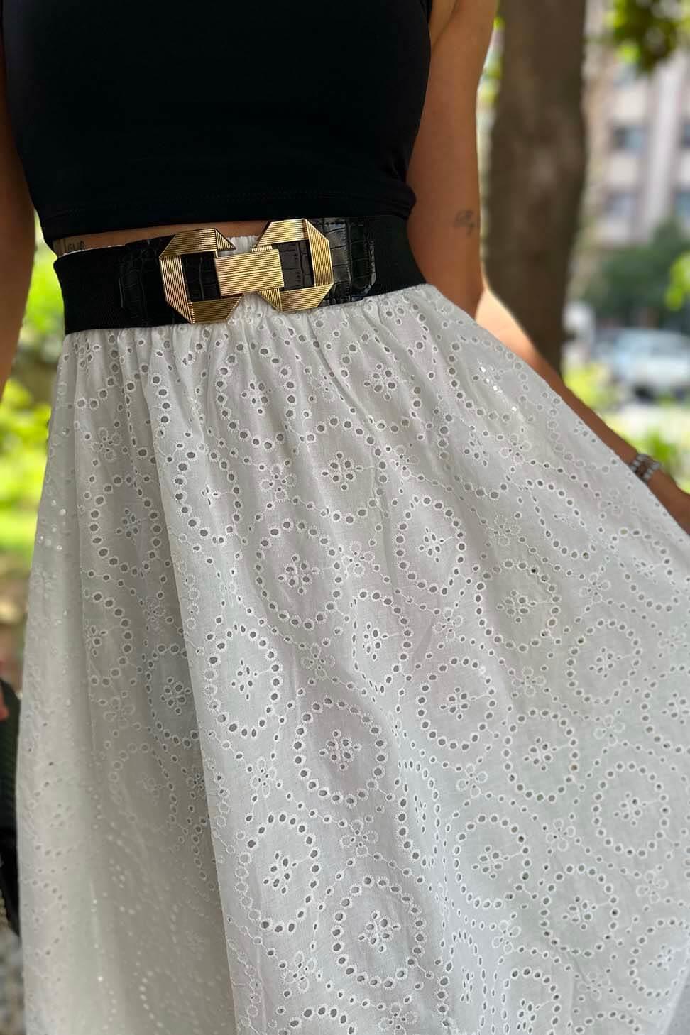 Premium Kalite Pamuklu Poplin Kumaş Fisto Detay Astarlı Etek Beyaz