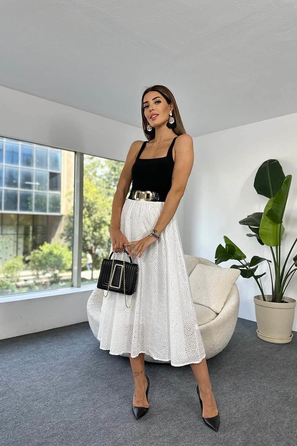 Premium Kalite Pamuklu Poplin Kumaş Fisto Detay Astarlı Etek Beyaz