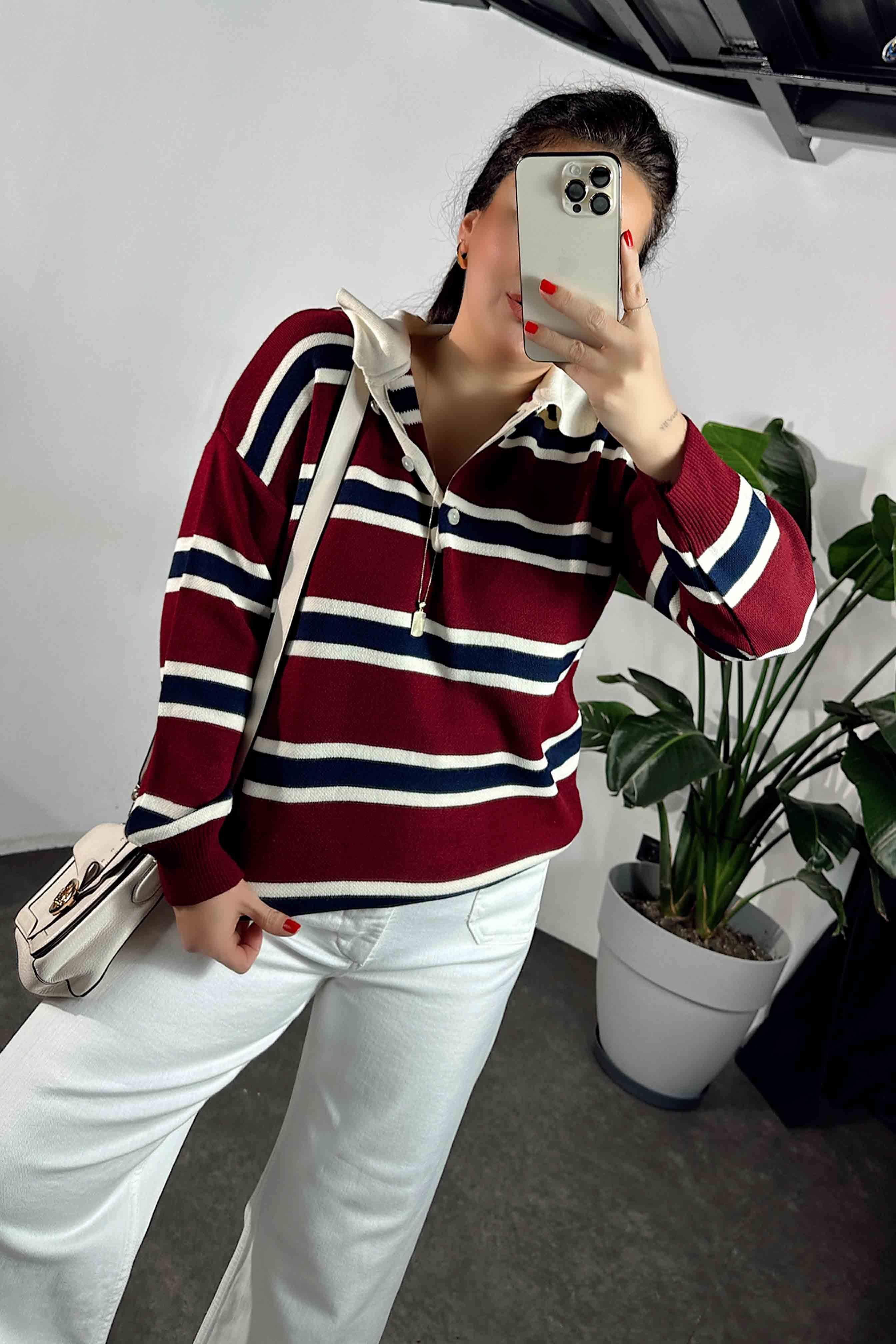 Premium Kalite Polo Yaka Bordo Çizgili Elit Triko Kazak Bordo