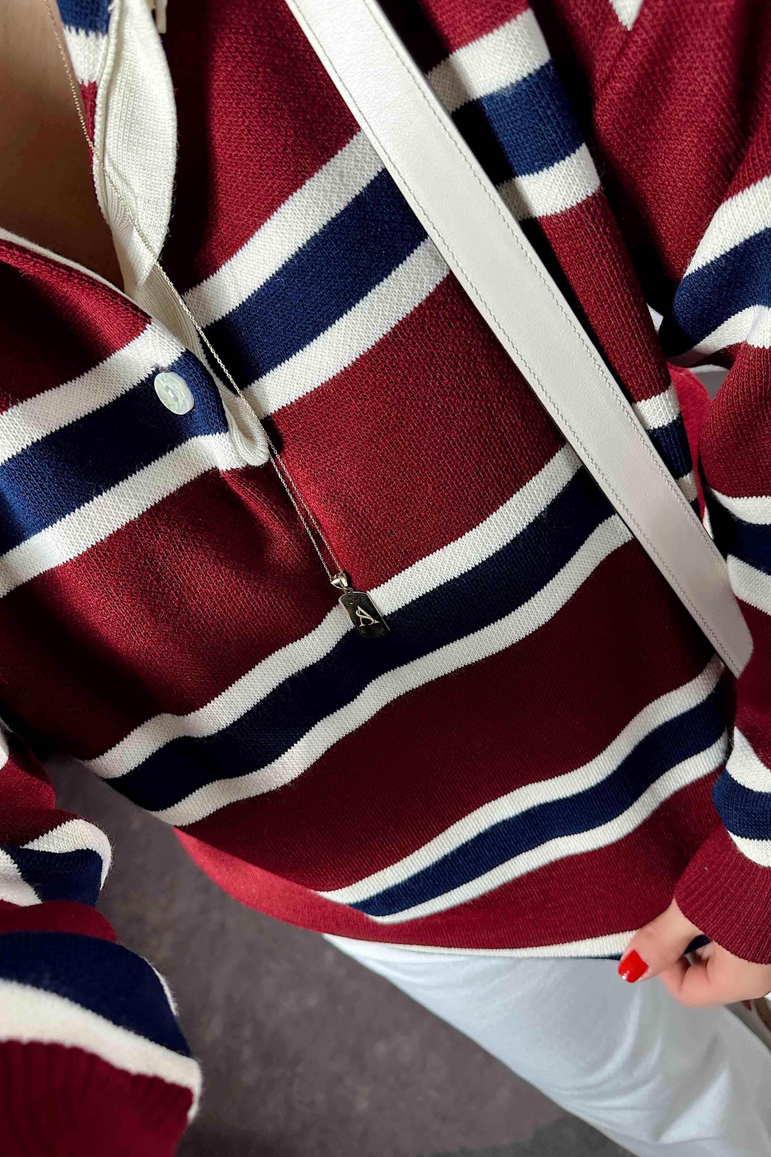 Premium Kalite Polo Yaka Bordo Çizgili Elit Triko Kazak Bordo