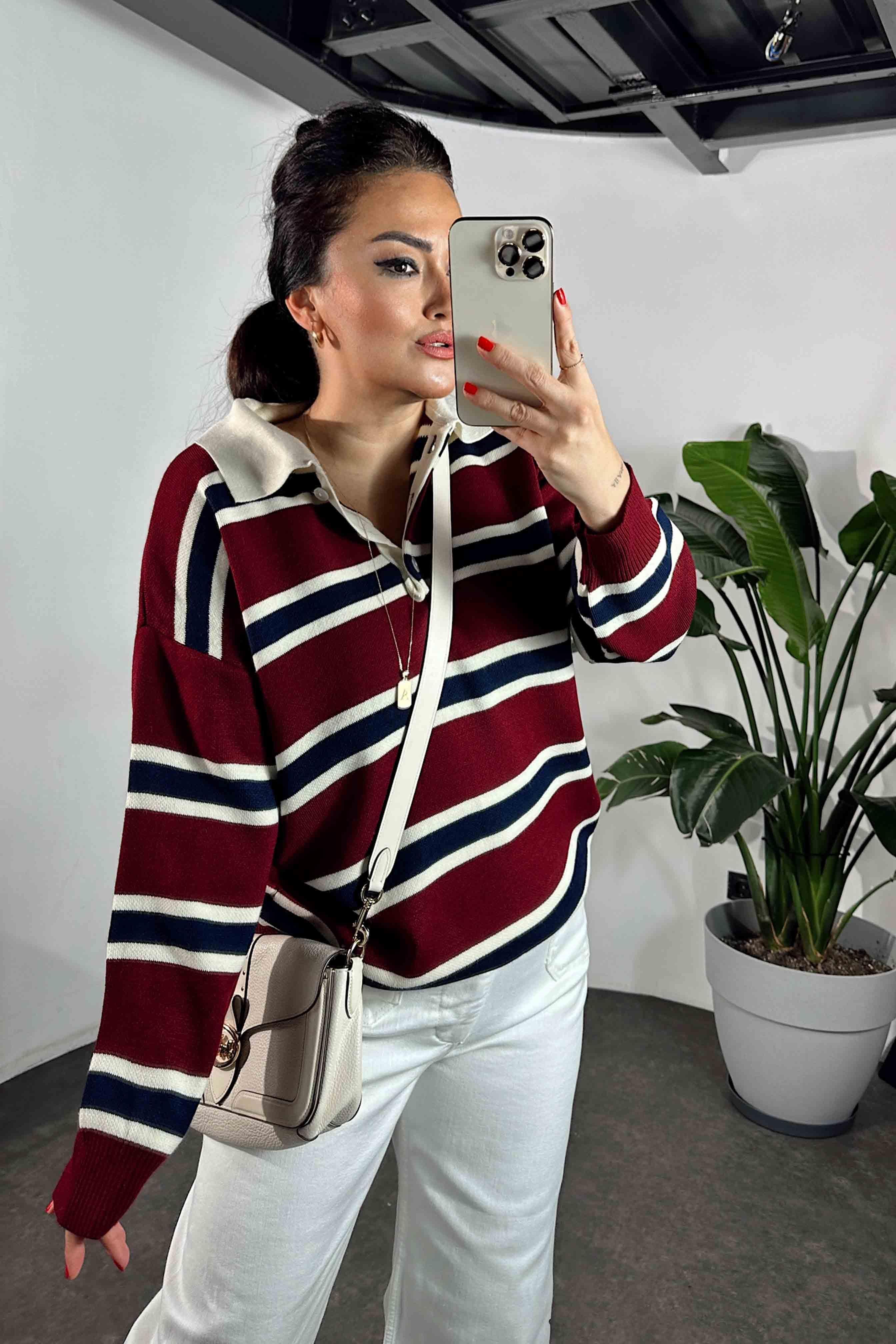 Premium Kalite Polo Yaka Bordo Çizgili Elit Triko Kazak Bordo