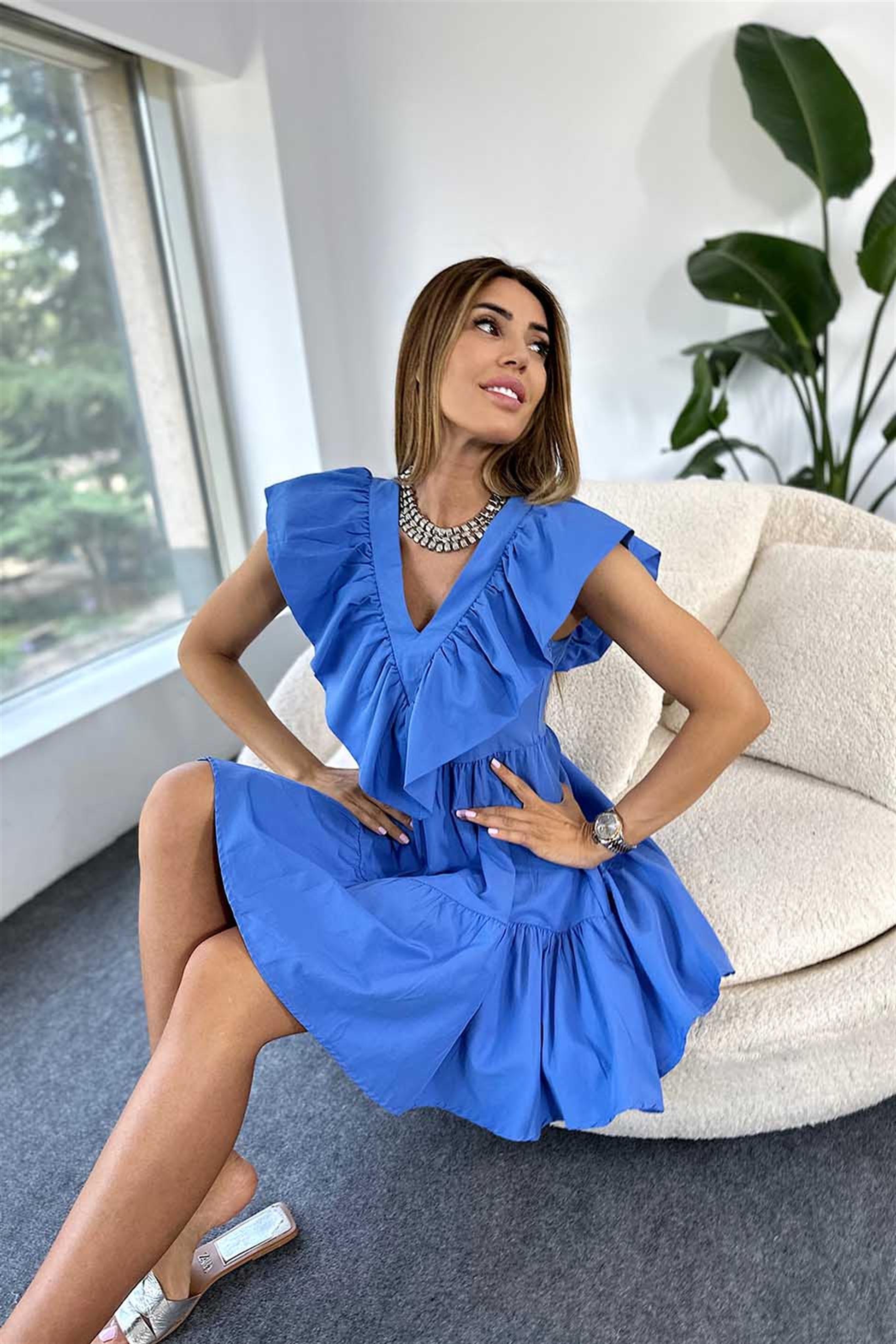 Premium Kalite Poplin Kumaş V Yaka Fırfırlı Sırt Dekolteli Elbise Mavi