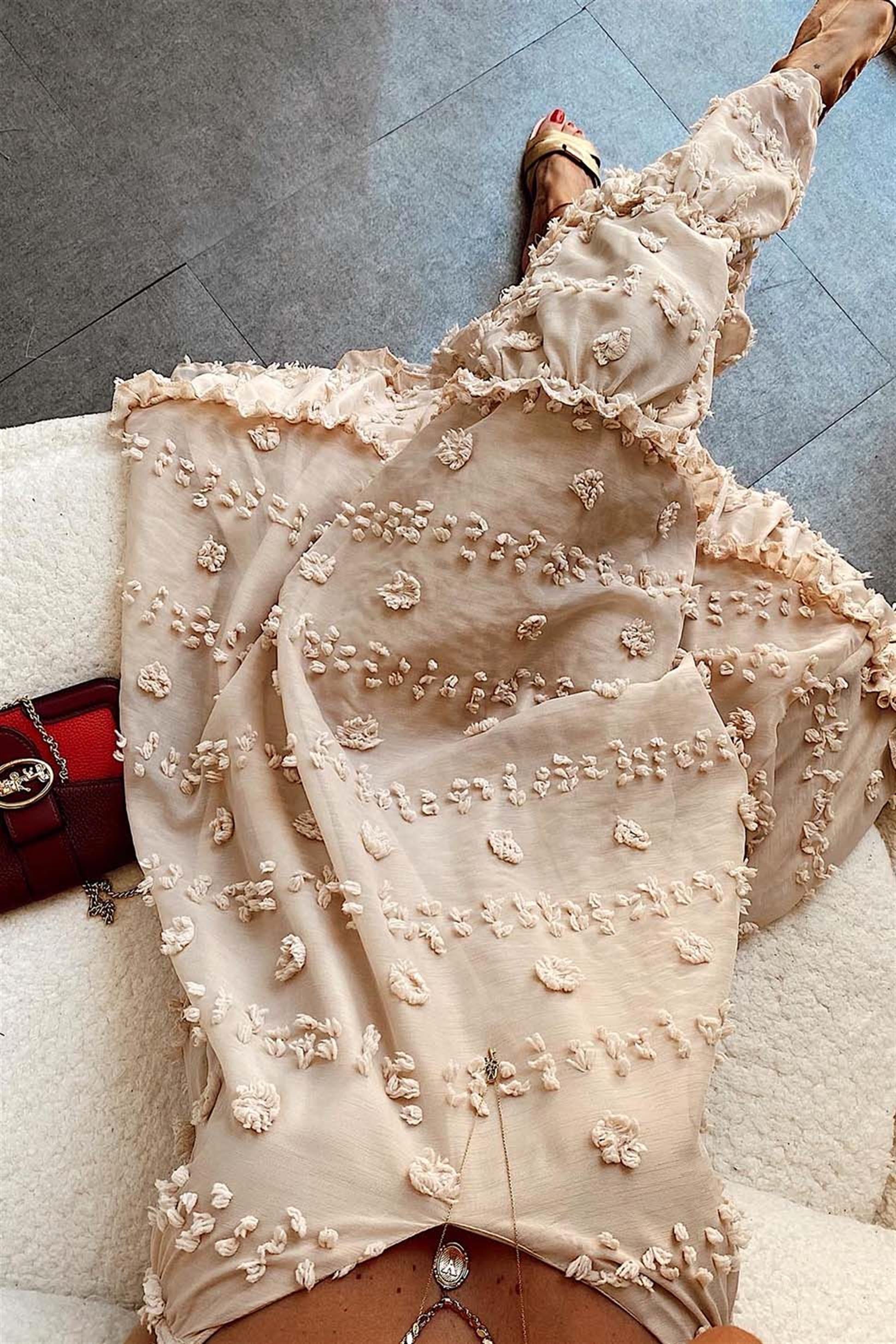 Premium Kalite Şifon Kumaş Askılı Uzun Elbise Bej