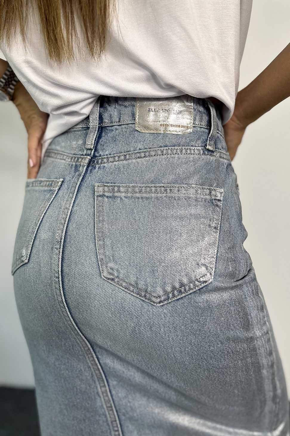 Premium Kalite Sim Detaylı Önden Yırtmaçlı Jean Etek Gri
