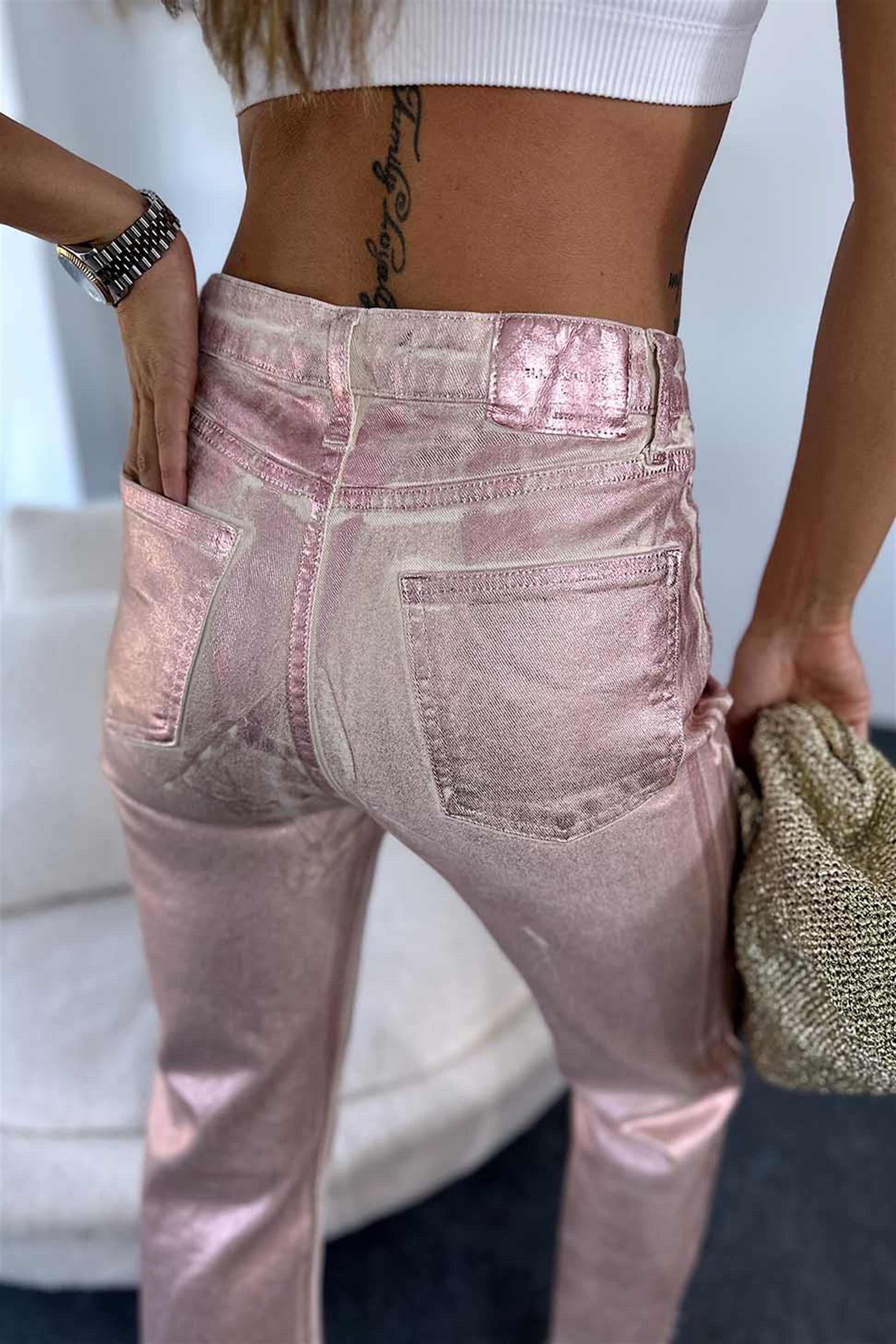 Premium Kalite Sim Detaylı Paçası Yırtmaçlı Kadın Jean Pantalon Pembe