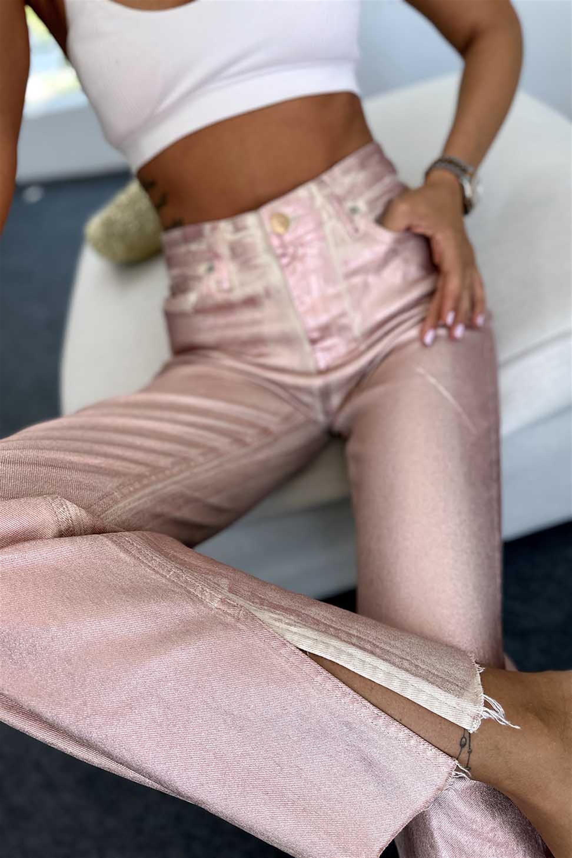 Premium Kalite Sim Detaylı Paçası Yırtmaçlı Kadın Jean Pantalon Pembe