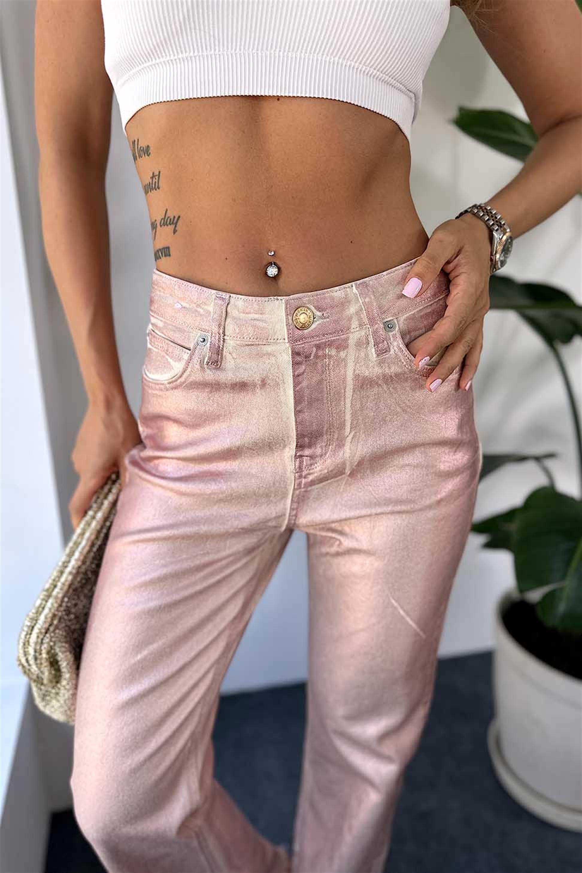 Premium Kalite Sim Detaylı Paçası Yırtmaçlı Kadın Jean Pantalon Pembe