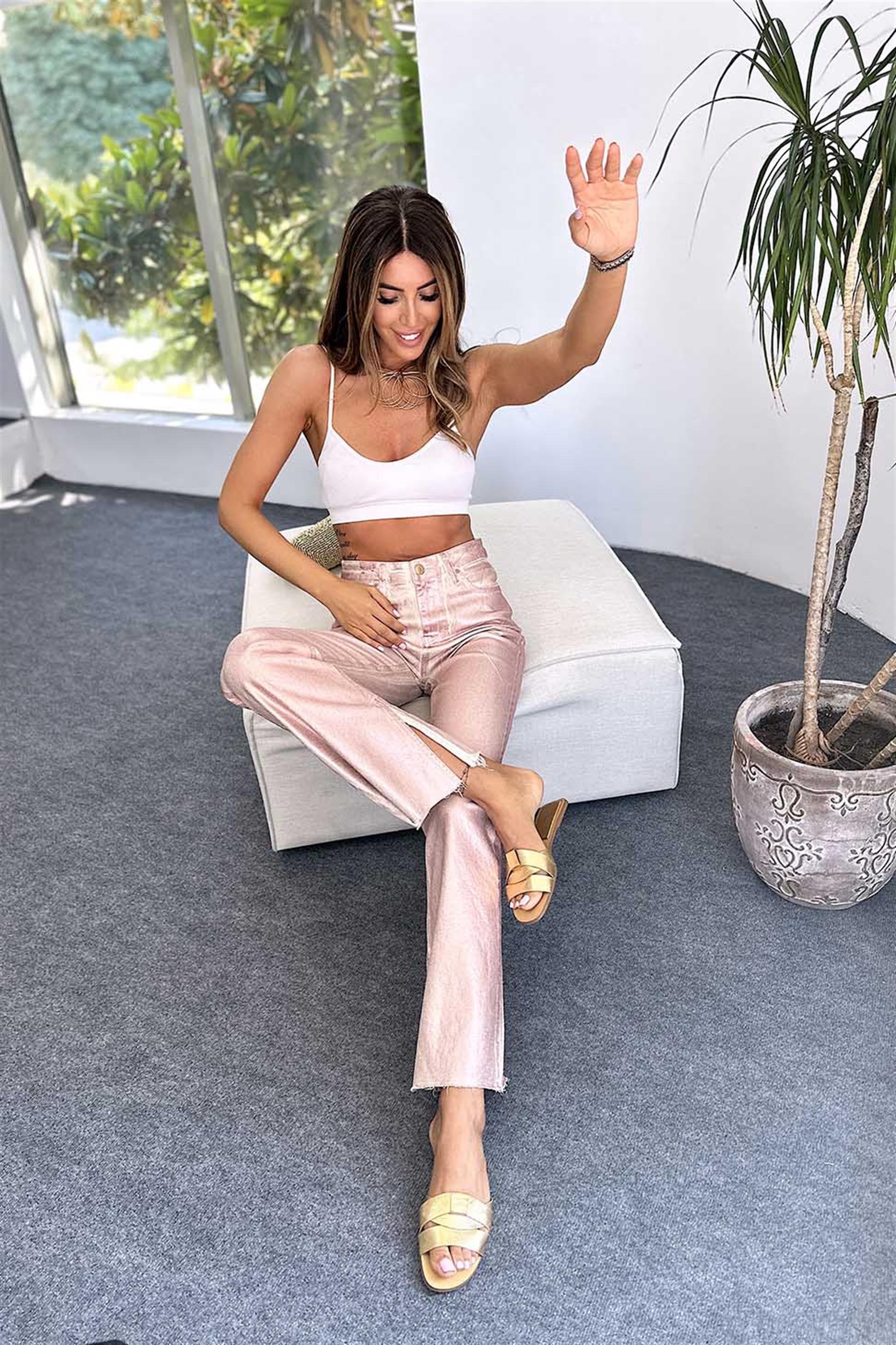 Premium Kalite Sim Detaylı Paçası Yırtmaçlı Kadın Jean Pantalon Pembe