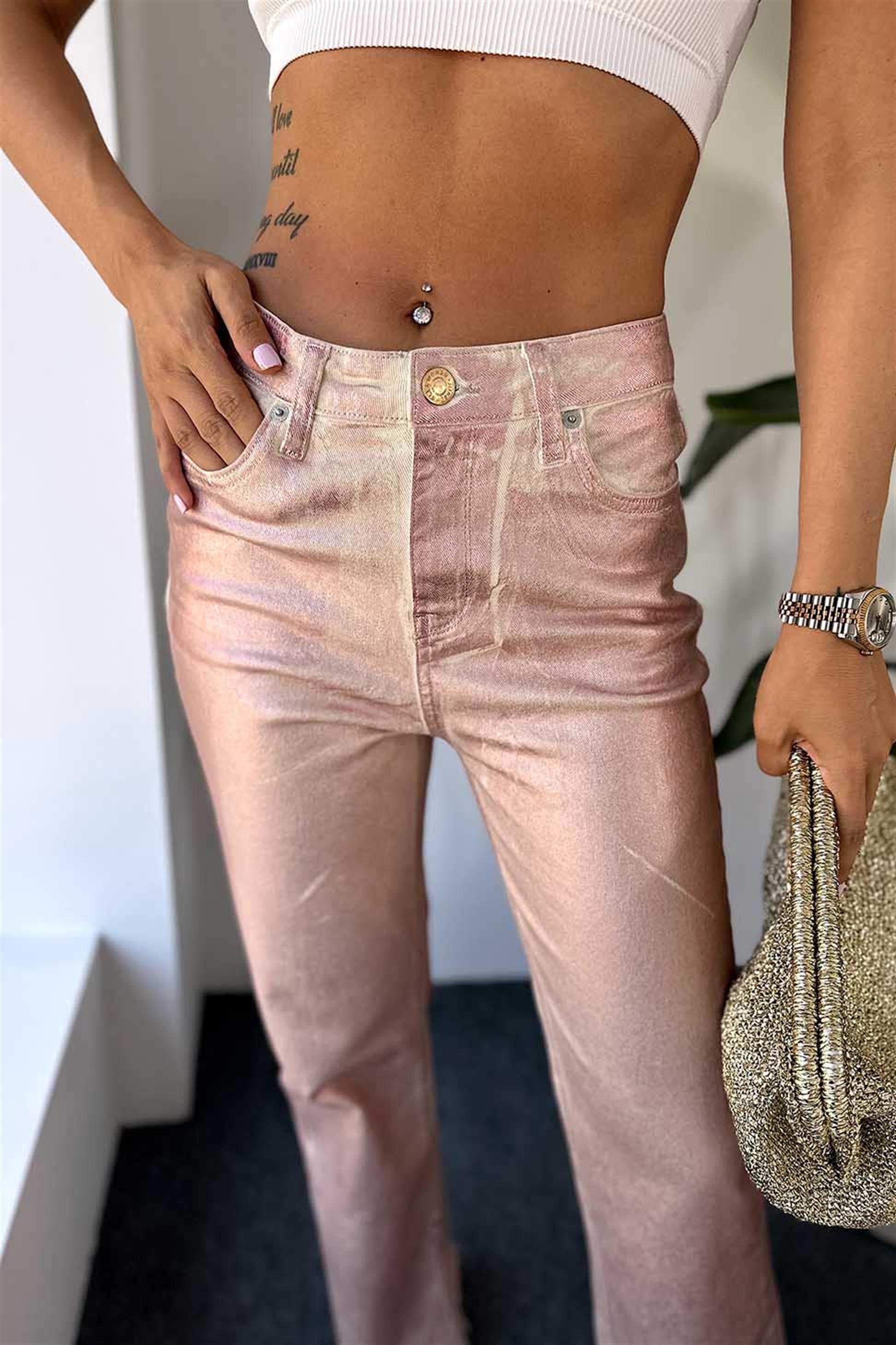 Premium Kalite Sim Detaylı Paçası Yırtmaçlı Kadın Jean Pantalon Pembe