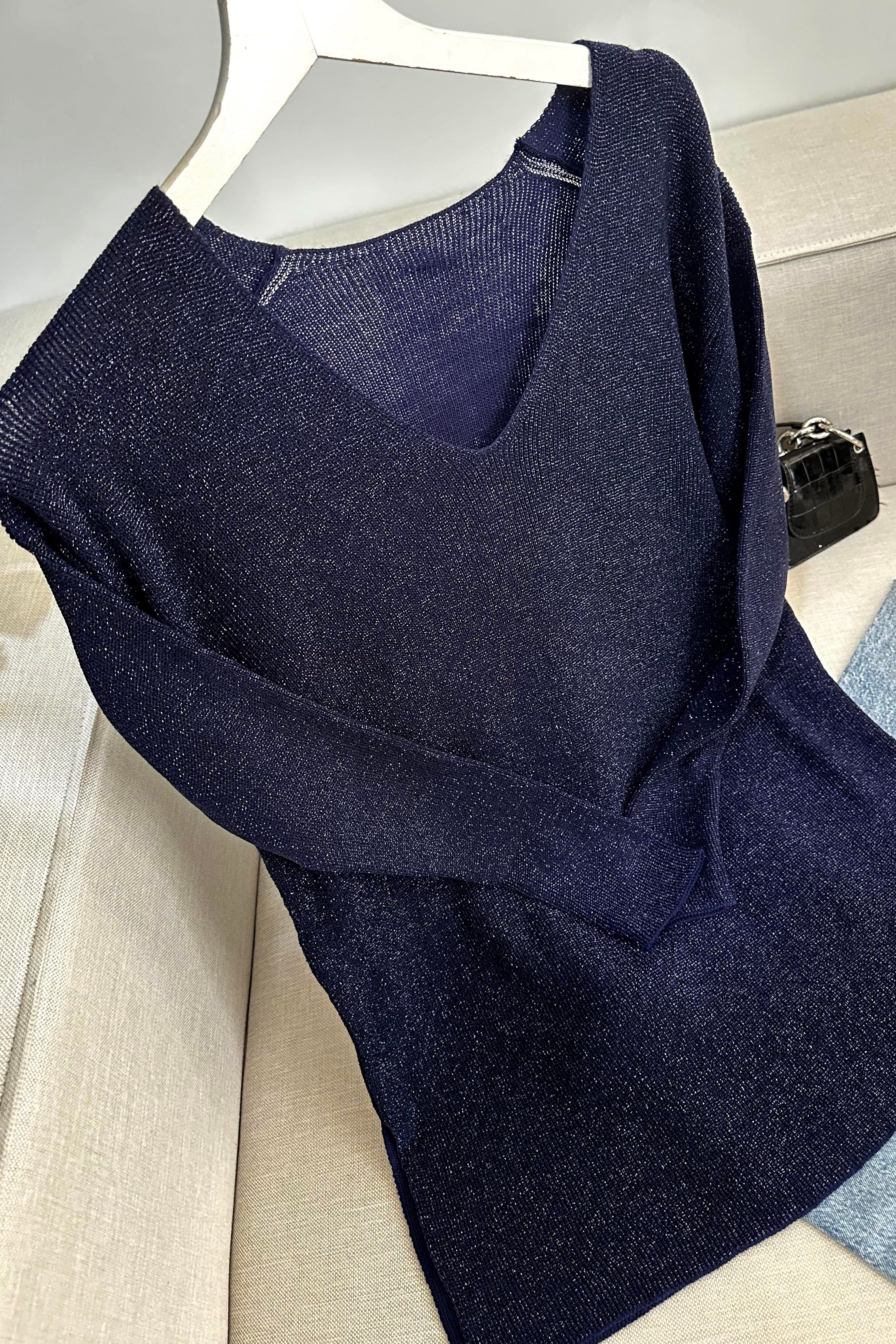 Premium Kalite Sim Detaylı VYaka Bluz Lacivert