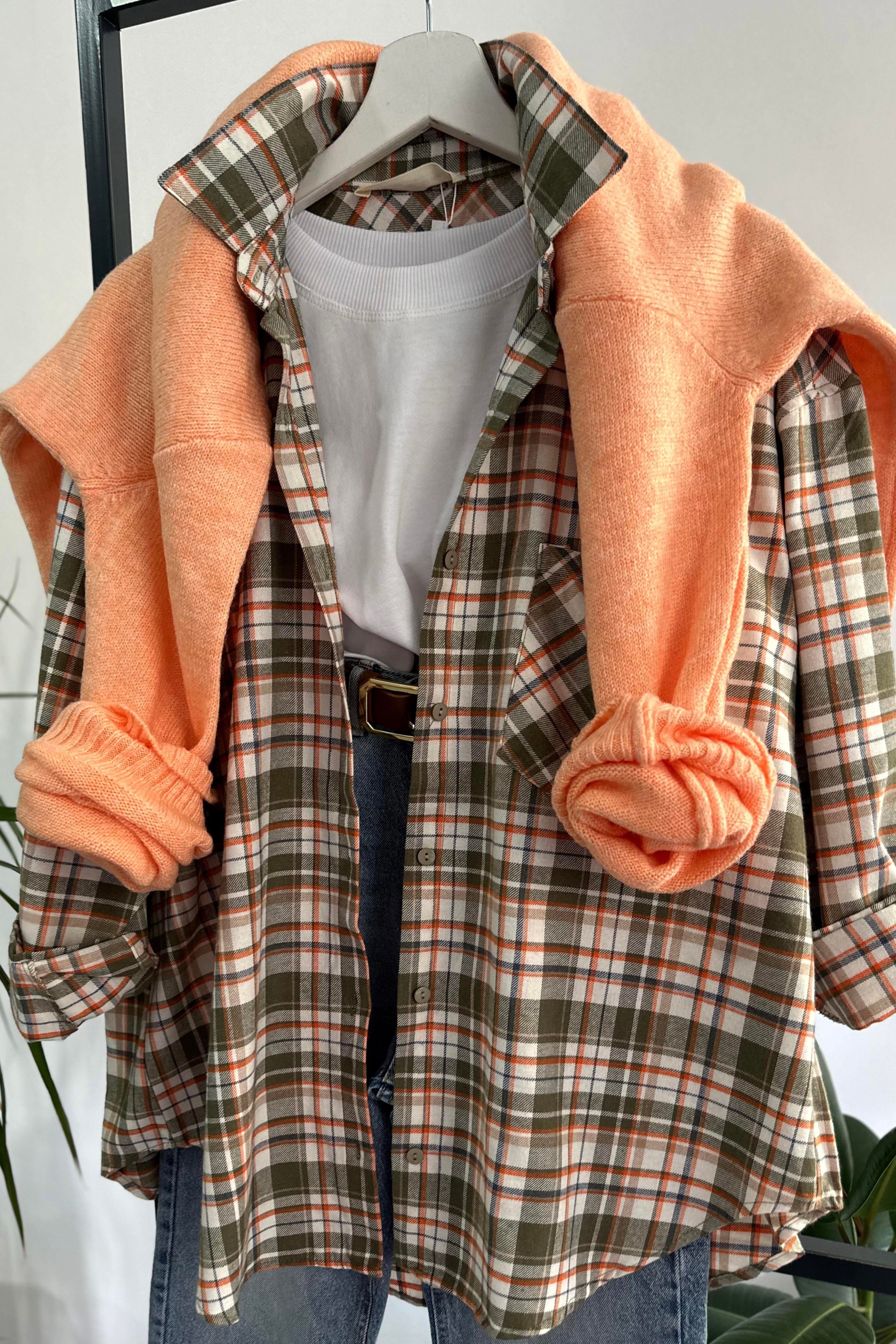 Premium Kalite Tek Cepli Ekose Gömlek Turuncu