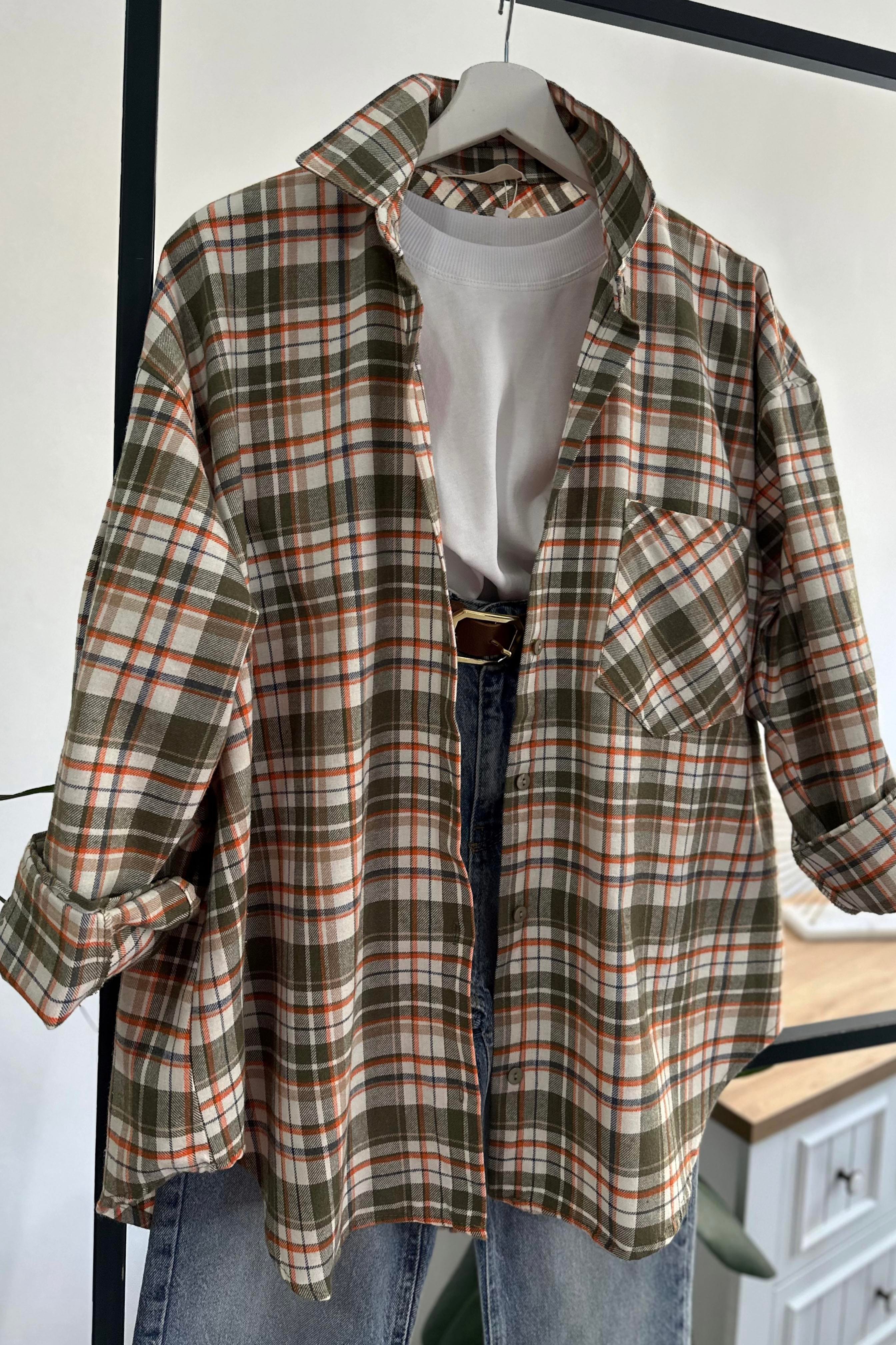 Premium Kalite Tek Cepli Ekose Gömlek Turuncu