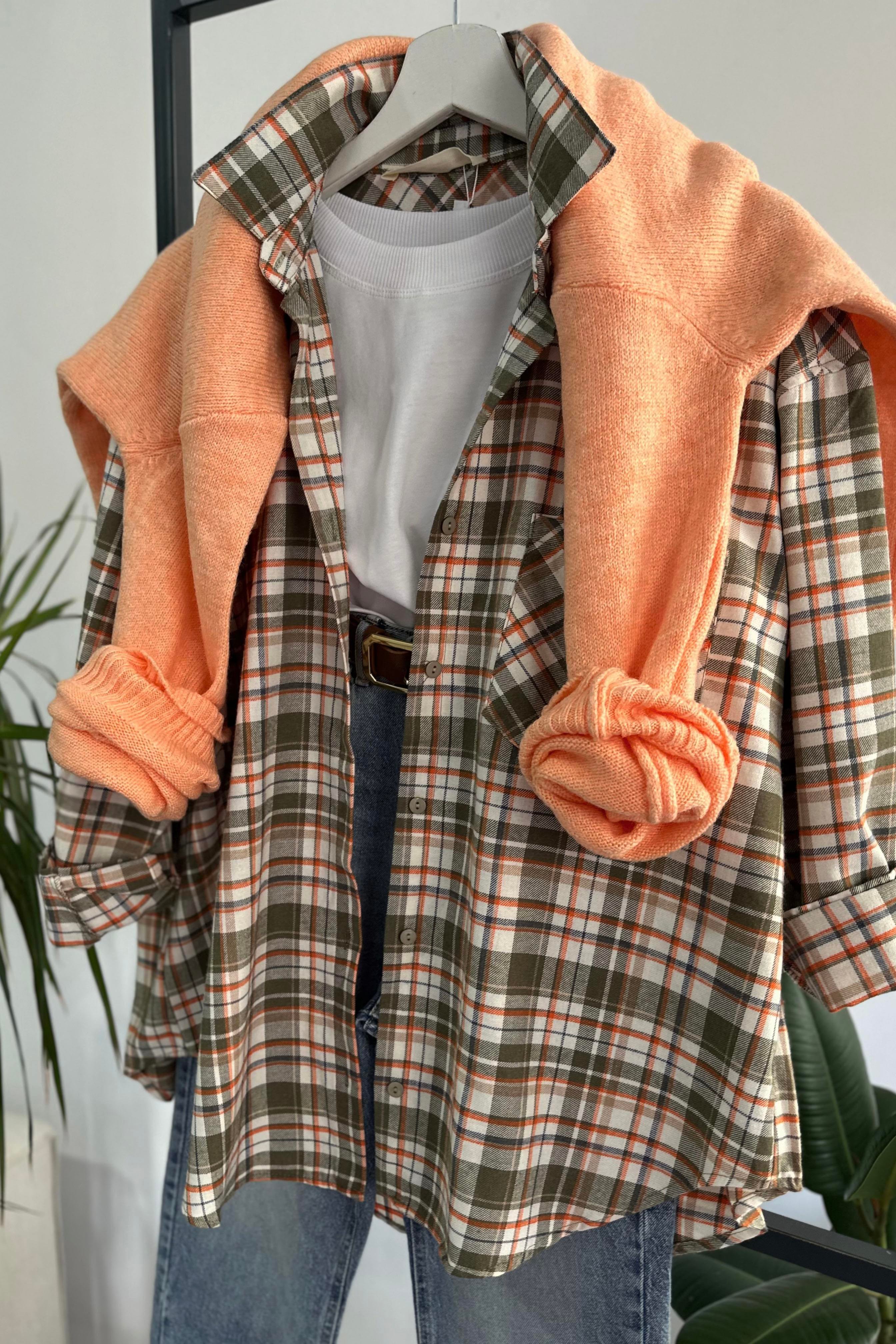 Premium Kalite Tek Cepli Ekose Gömlek Turuncu