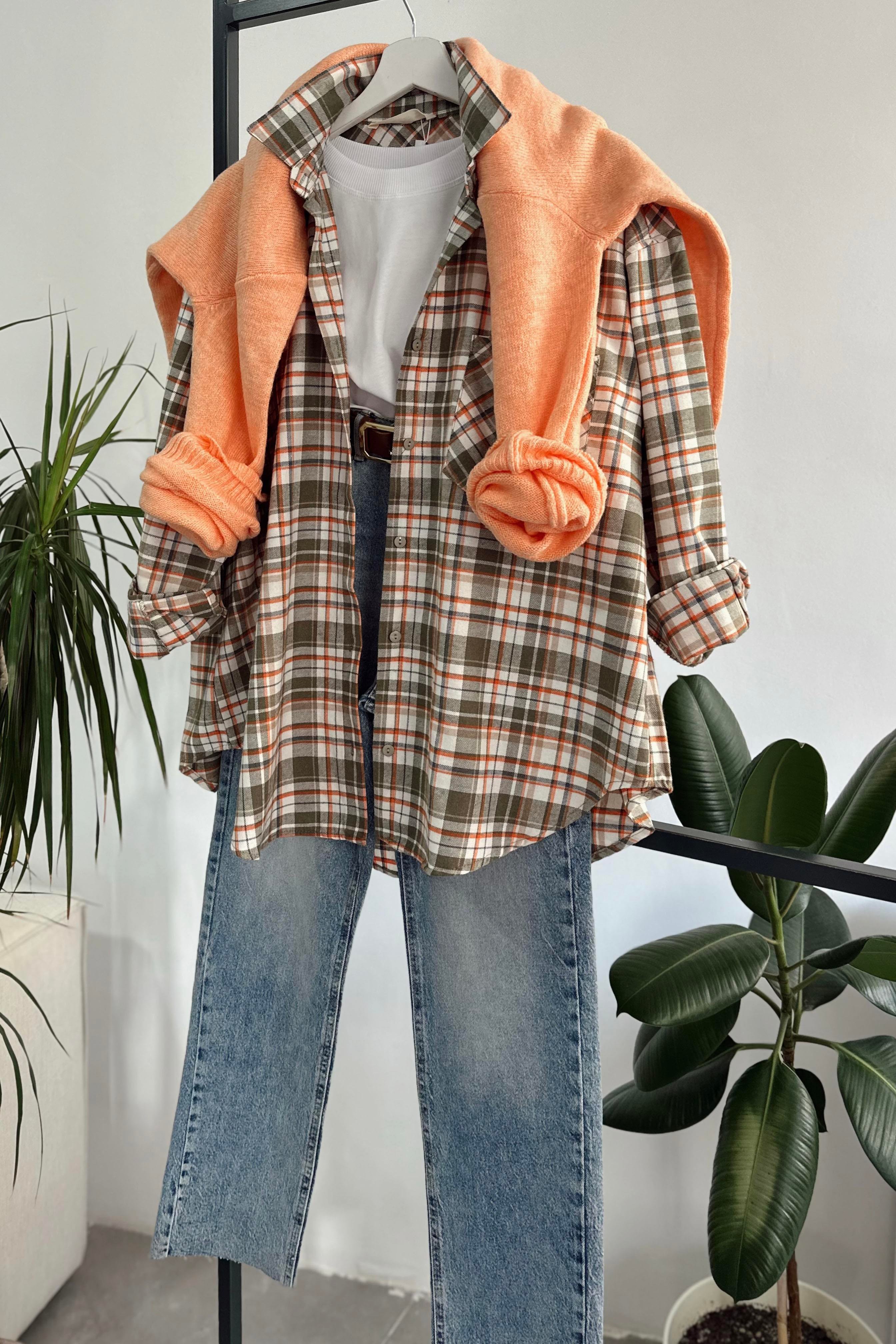 Premium Kalite Tek Cepli Ekose Gömlek Turuncu