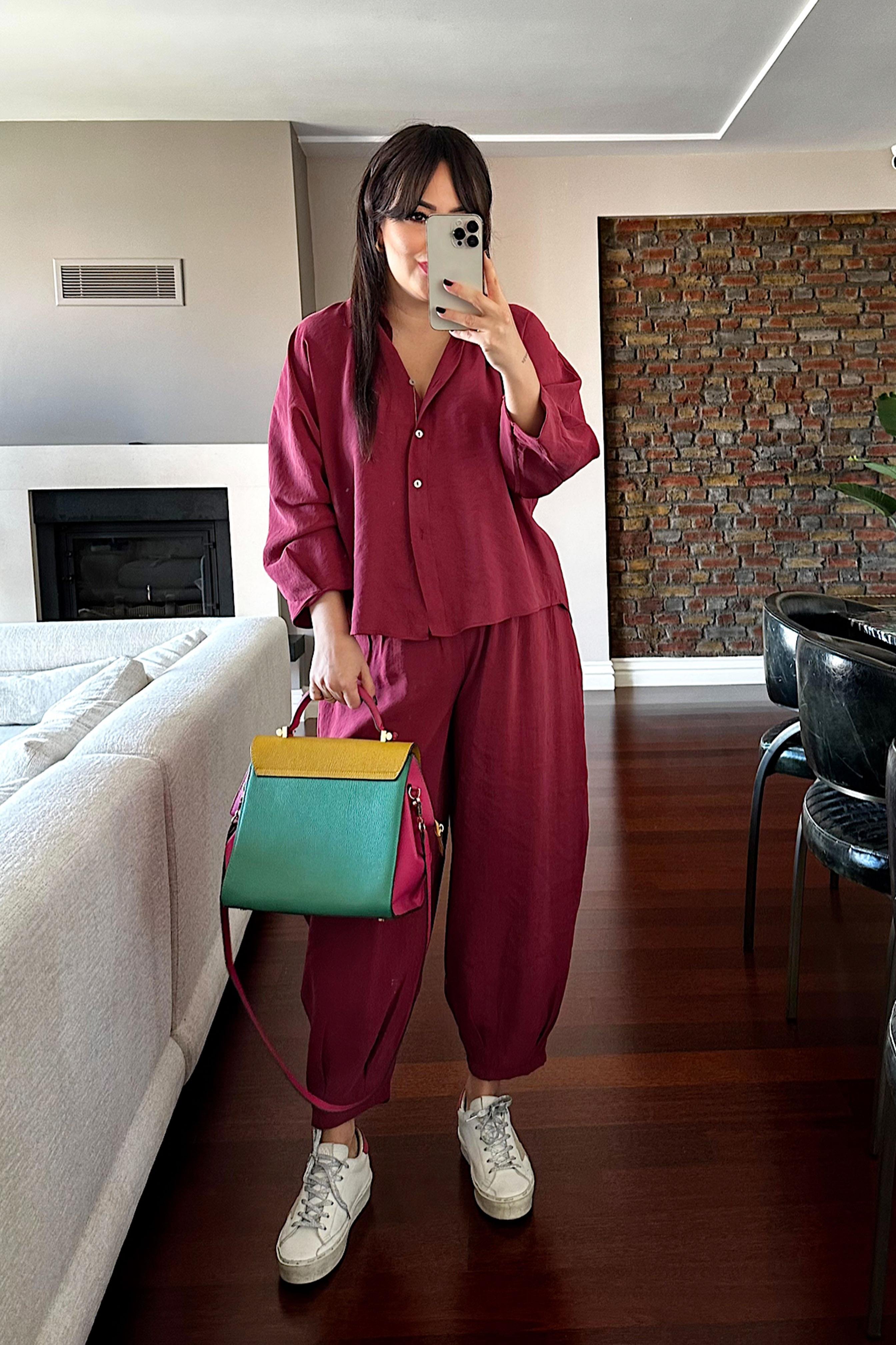 Premium Kalite Tensel Kumaş Gömlek Şalvar Takım Bordo