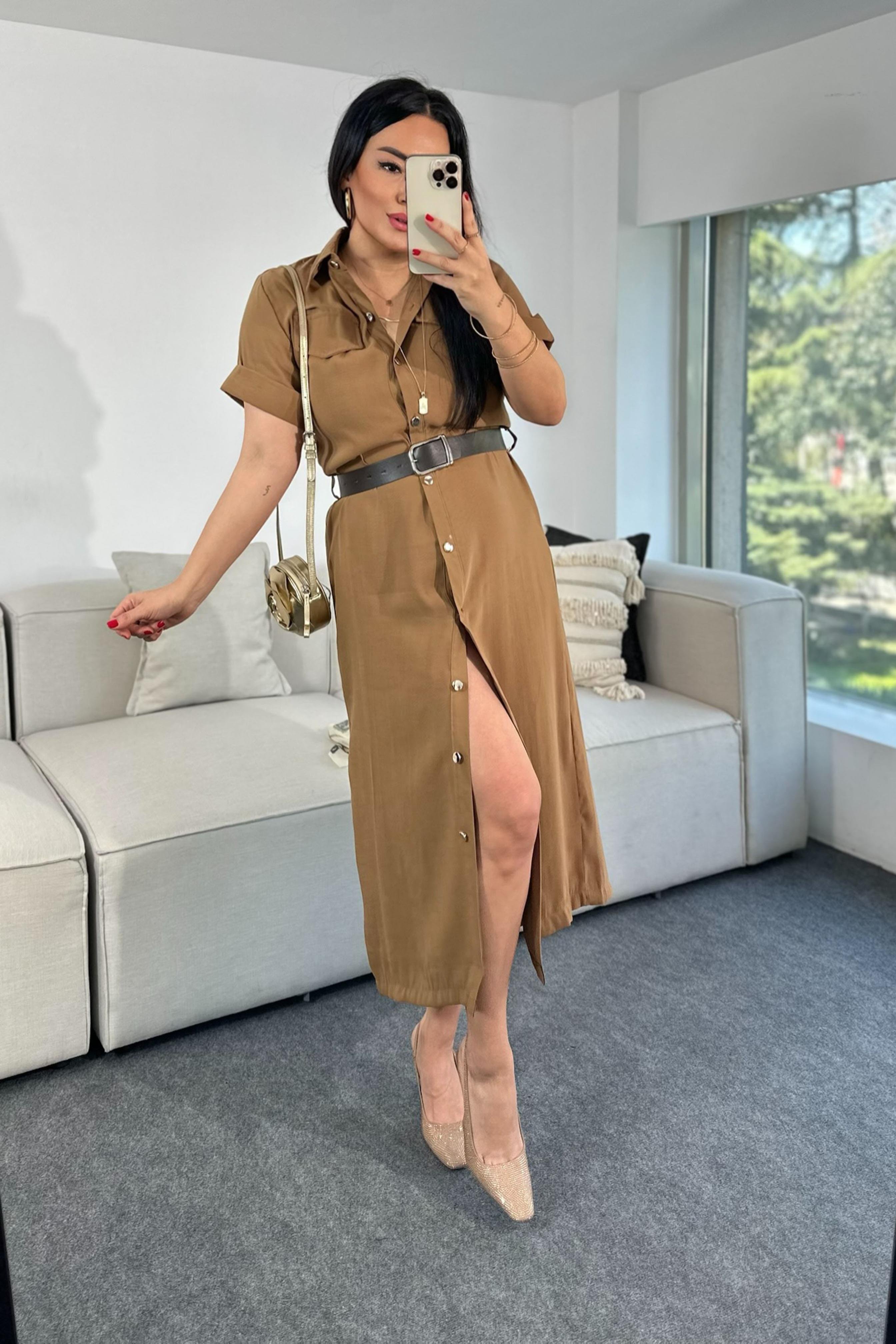 Premium Kalite Tensel Kumaş Kemer Detaylı Midi Elbise Camel