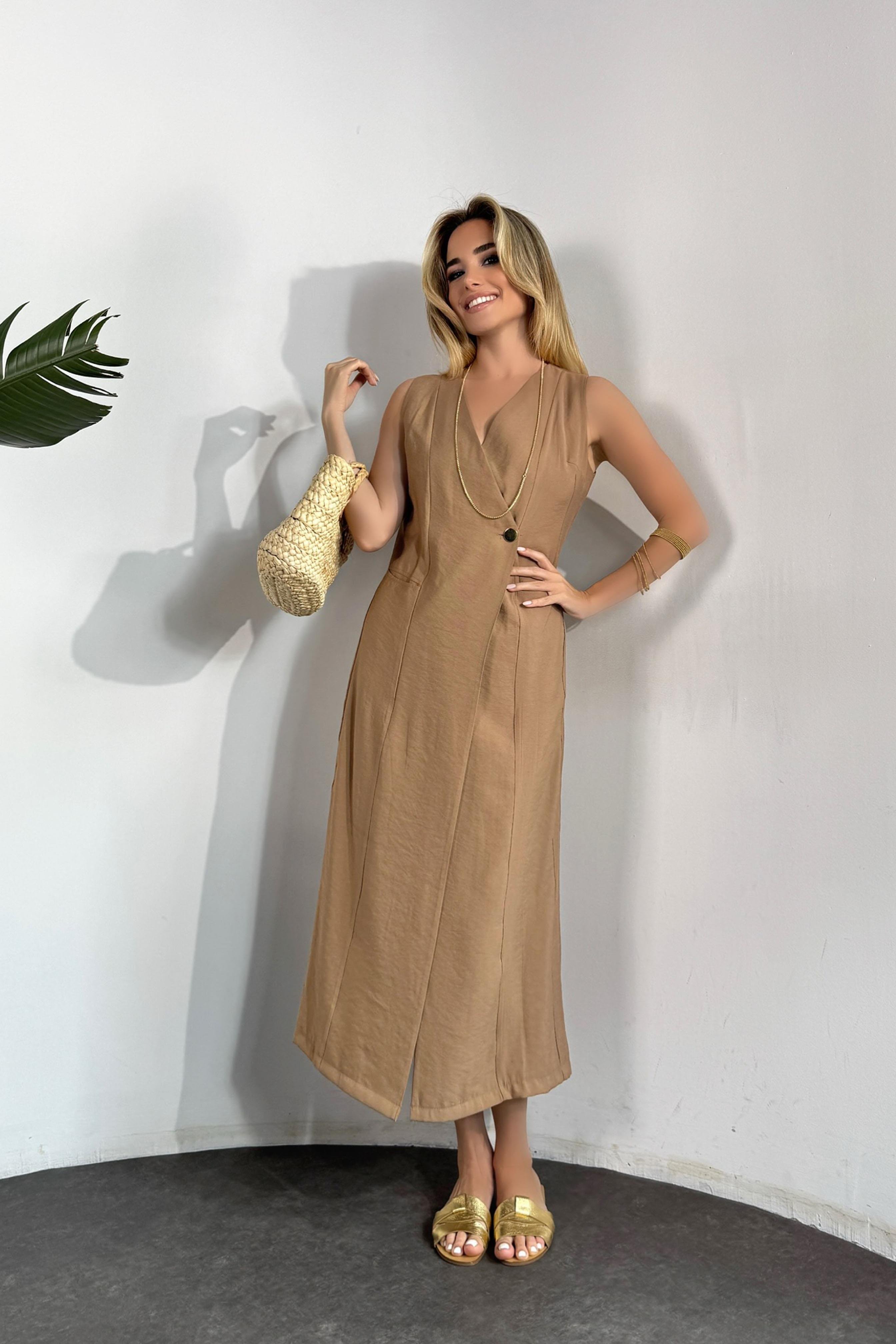 Premium Kalite Tensel Model Tek Düğmeli Elbise Camel