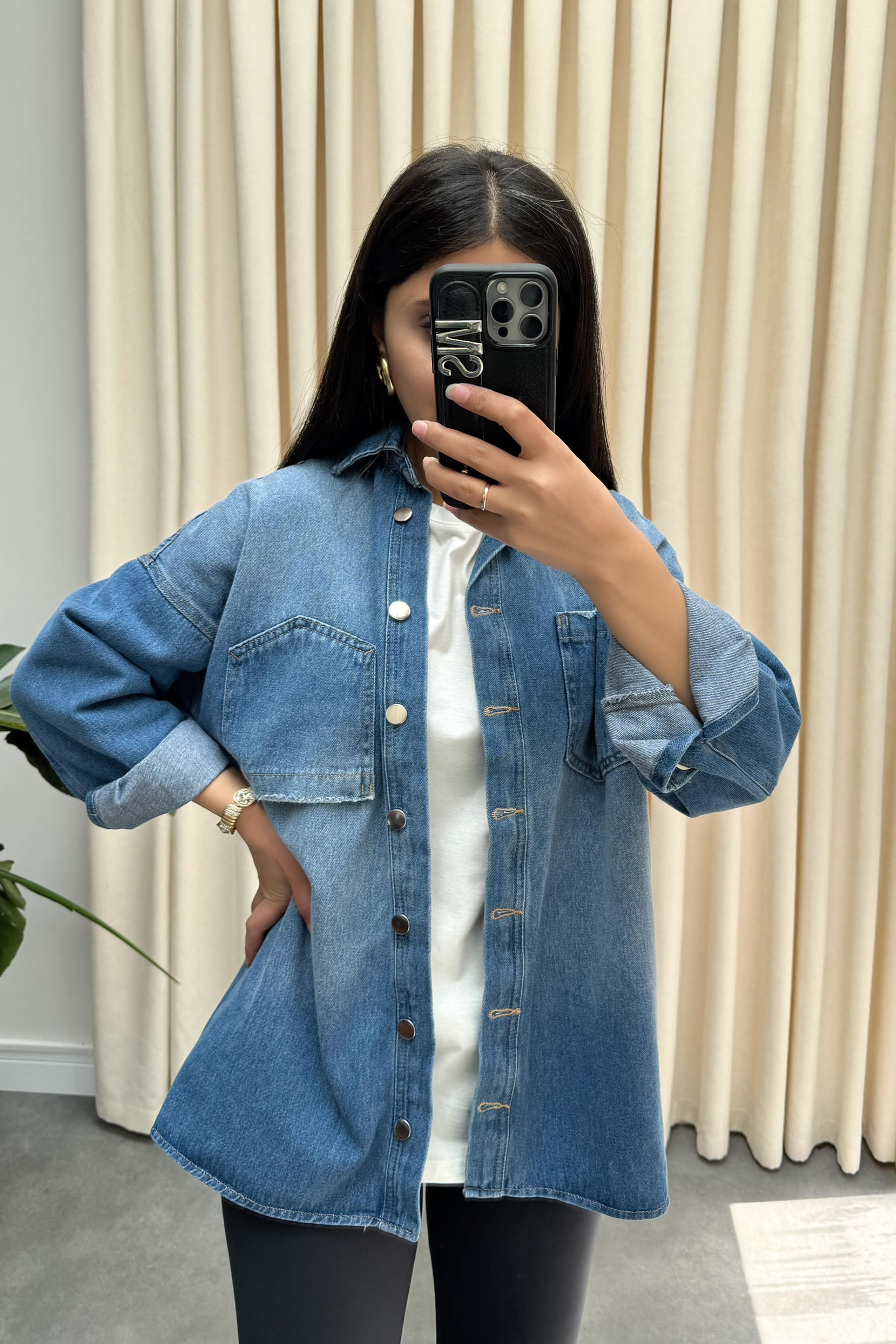 Premium Kalite Ters Cep Tasarım Oversize Denim Gömlek Mavi