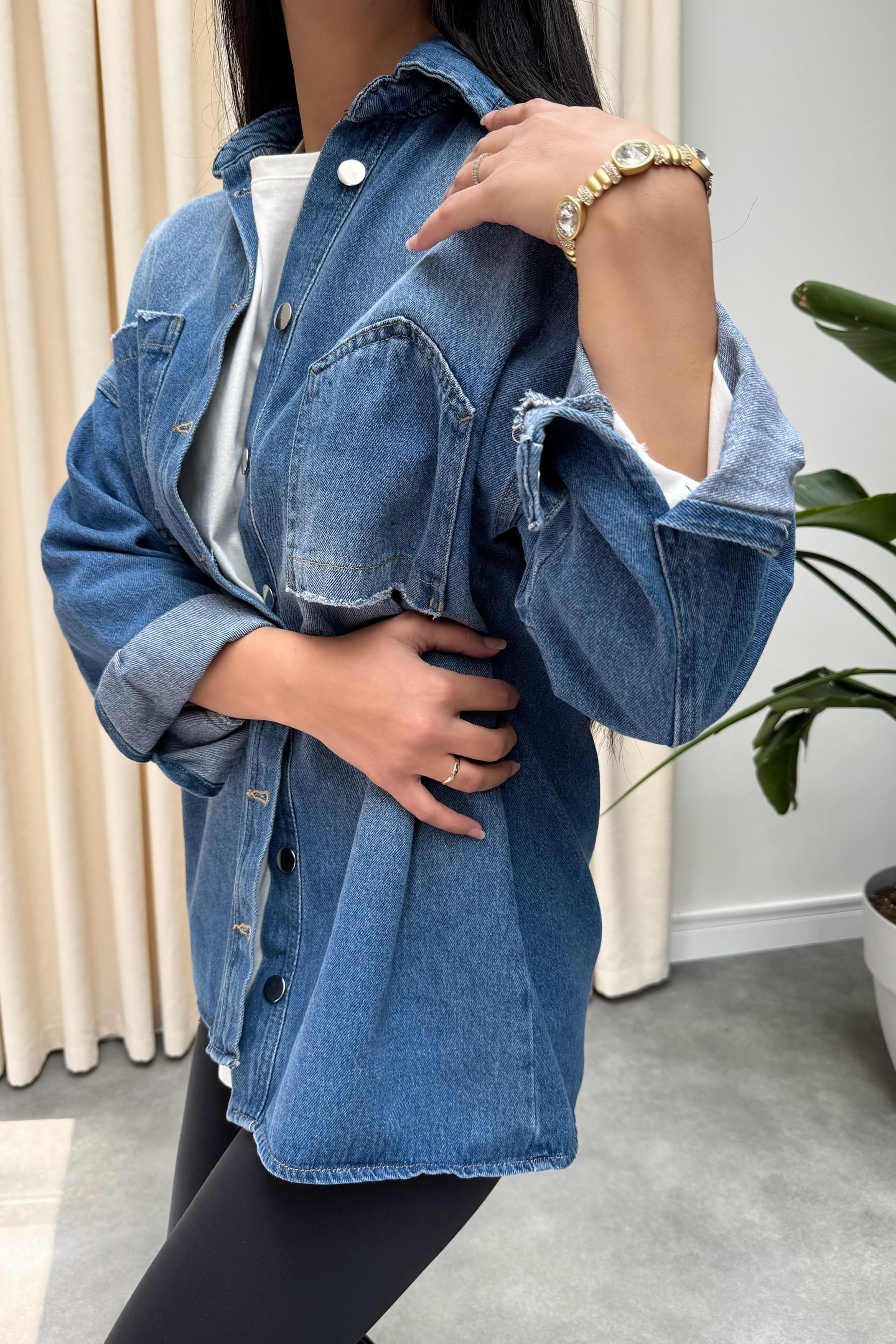 Premium Kalite Ters Cep Tasarım Oversize Denim Gömlek Mavi