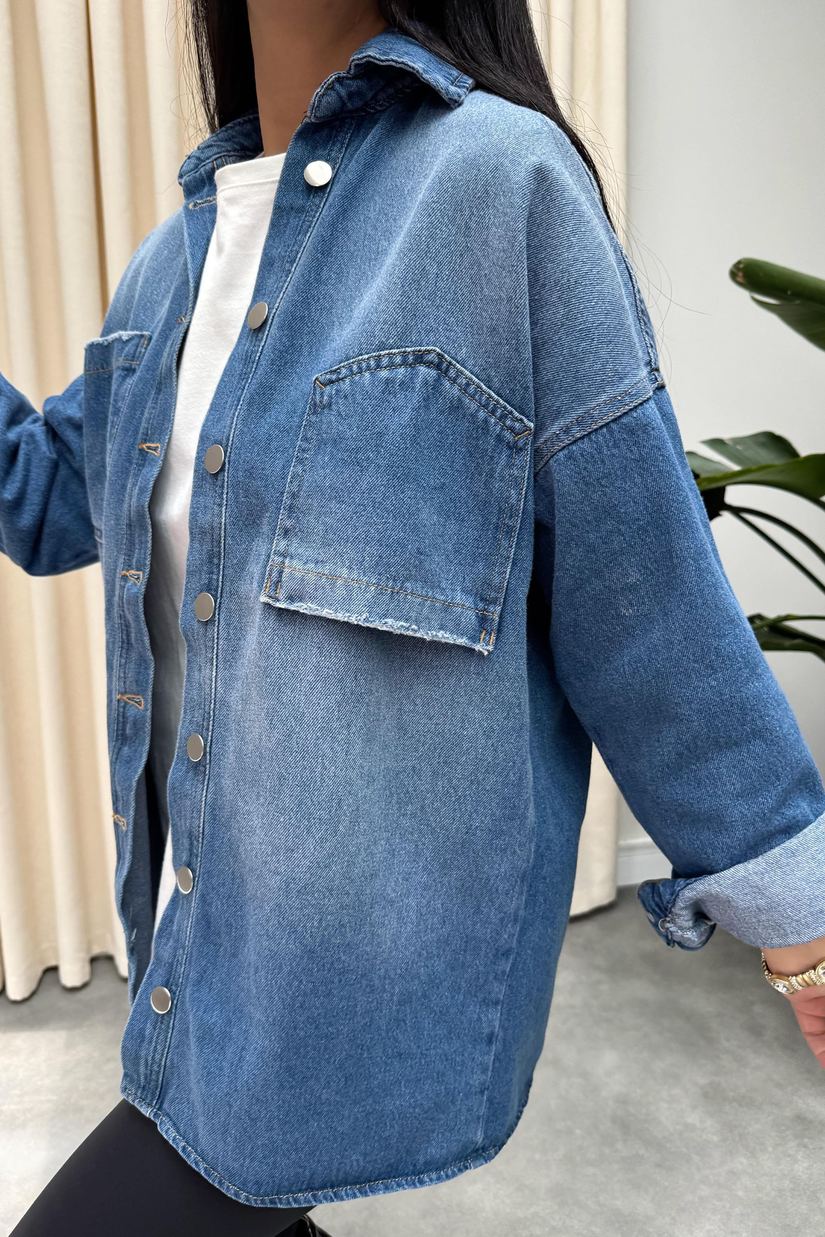 Premium Kalite Ters Cep Tasarım Oversize Denim Gömlek Mavi