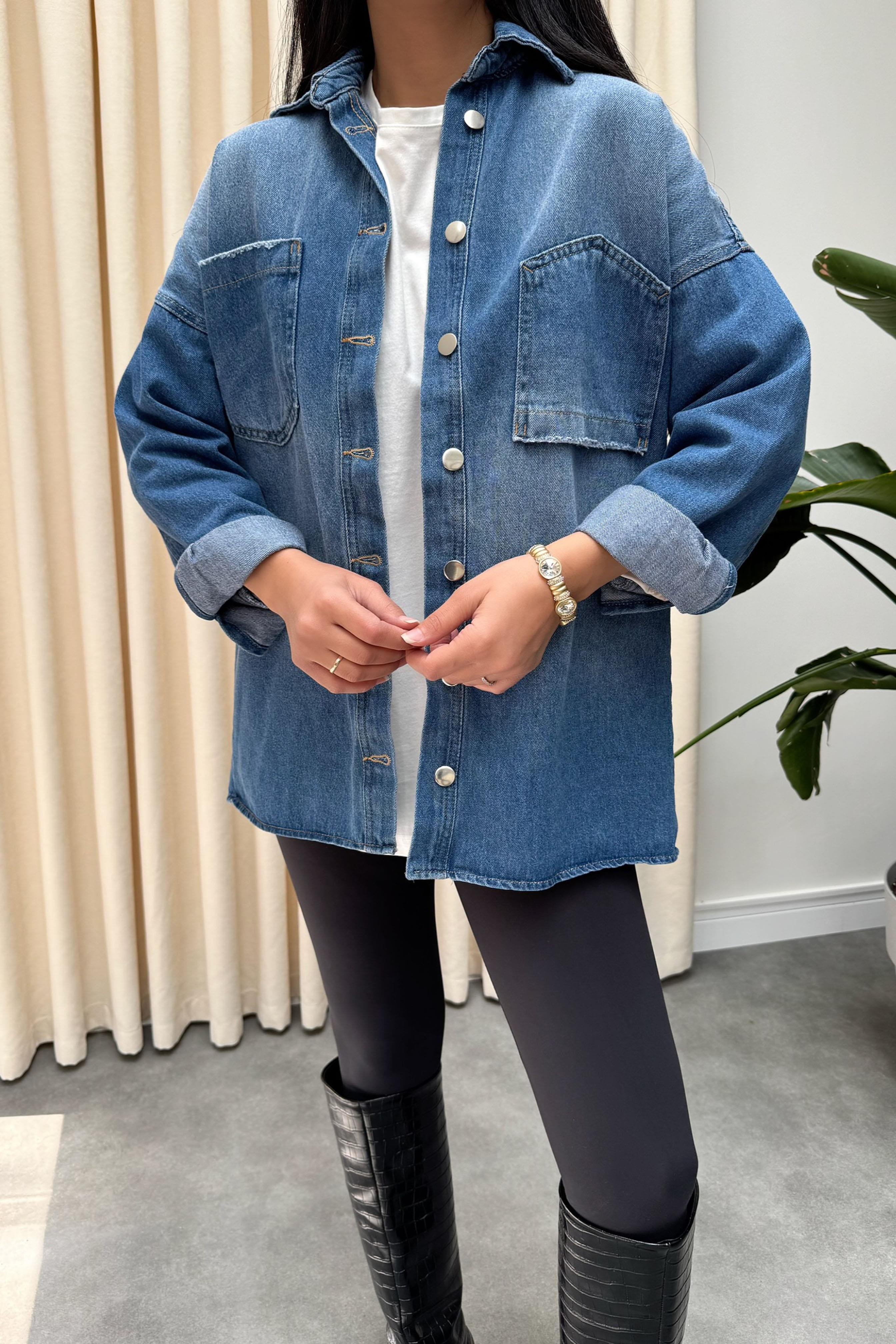 Premium Kalite Ters Cep Tasarım Oversize Denim Gömlek Mavi