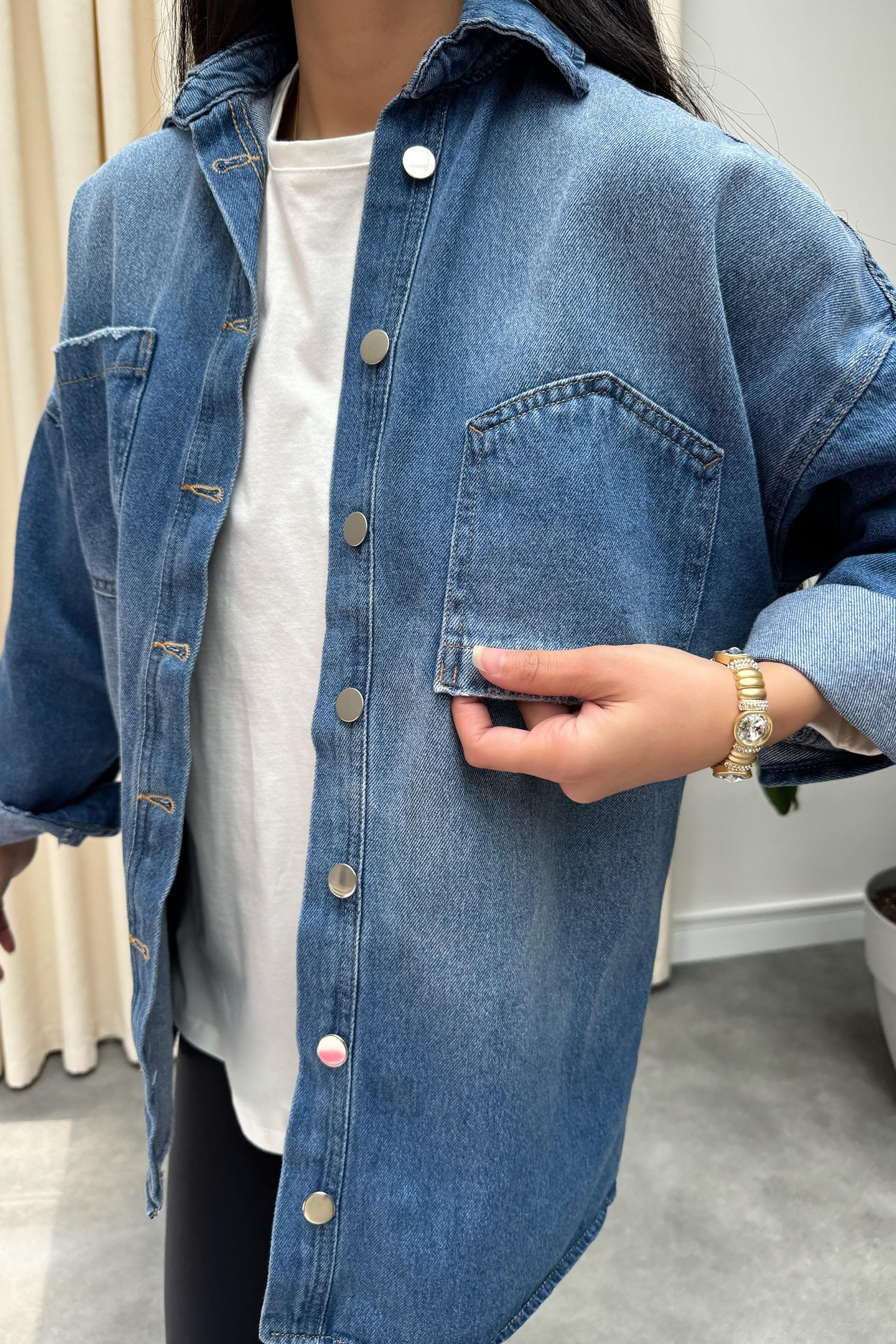 Premium Kalite Ters Cep Tasarım Oversize Denim Gömlek Mavi