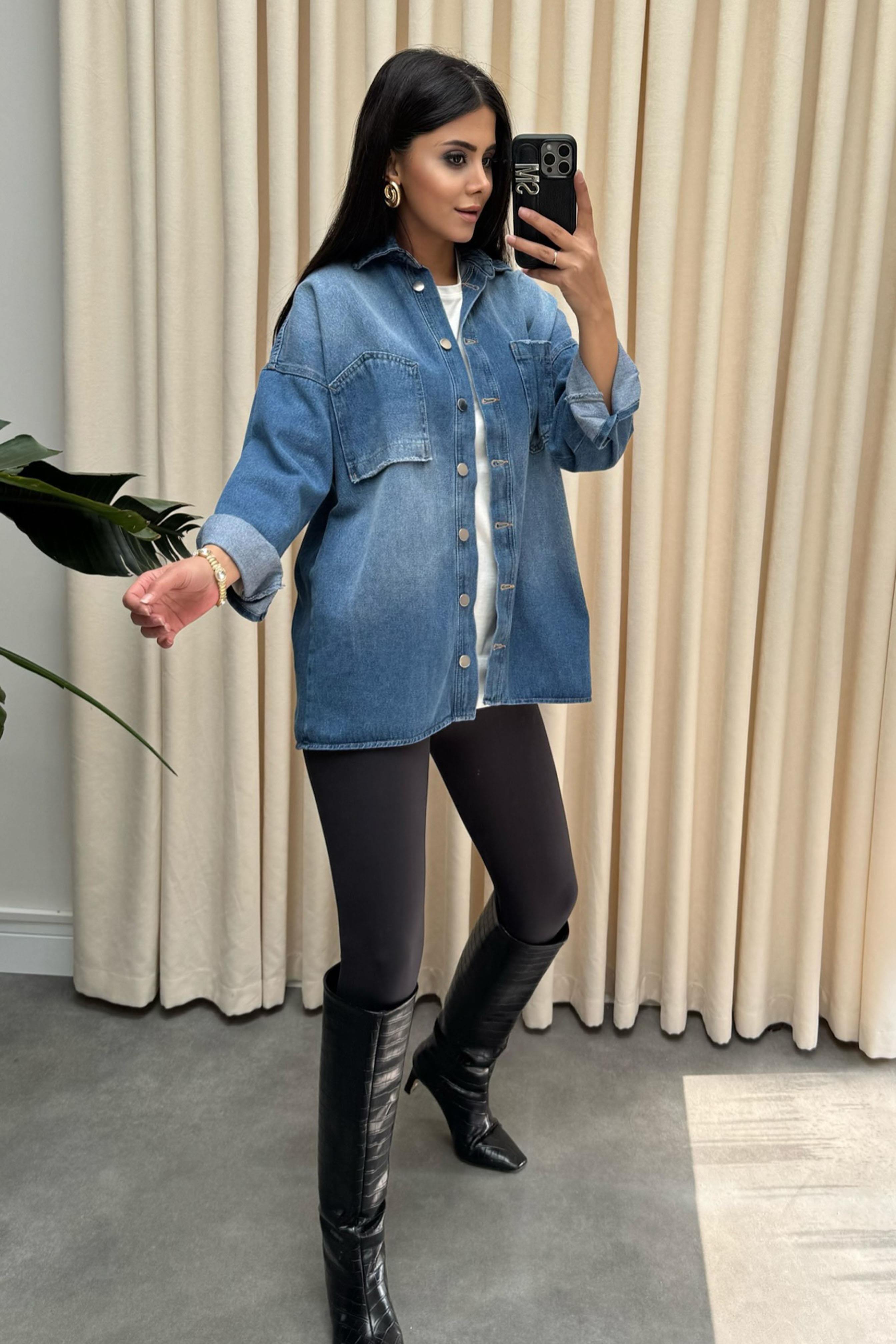 Premium Kalite Ters Cep Tasarım Oversize Denim Gömlek Mavi