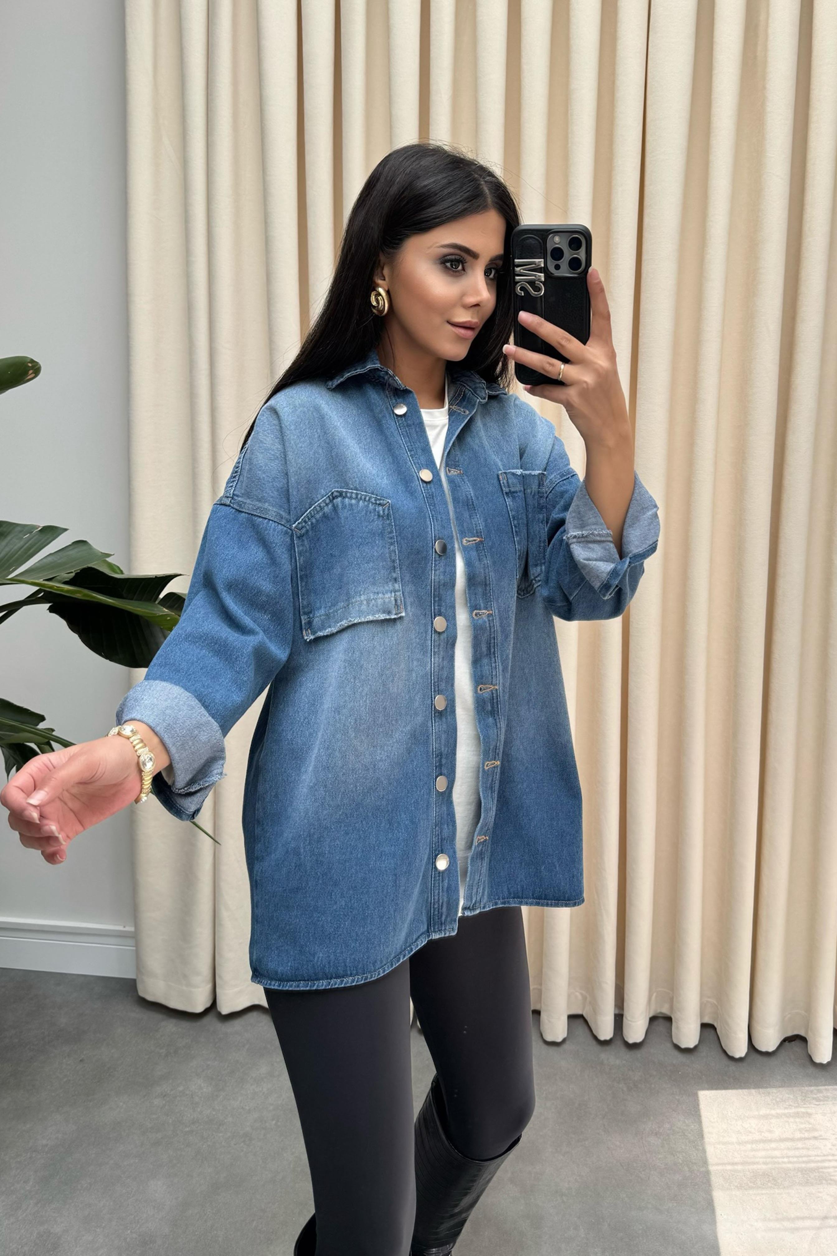 Premium Kalite Ters Cep Tasarım Oversize Denim Gömlek Mavi