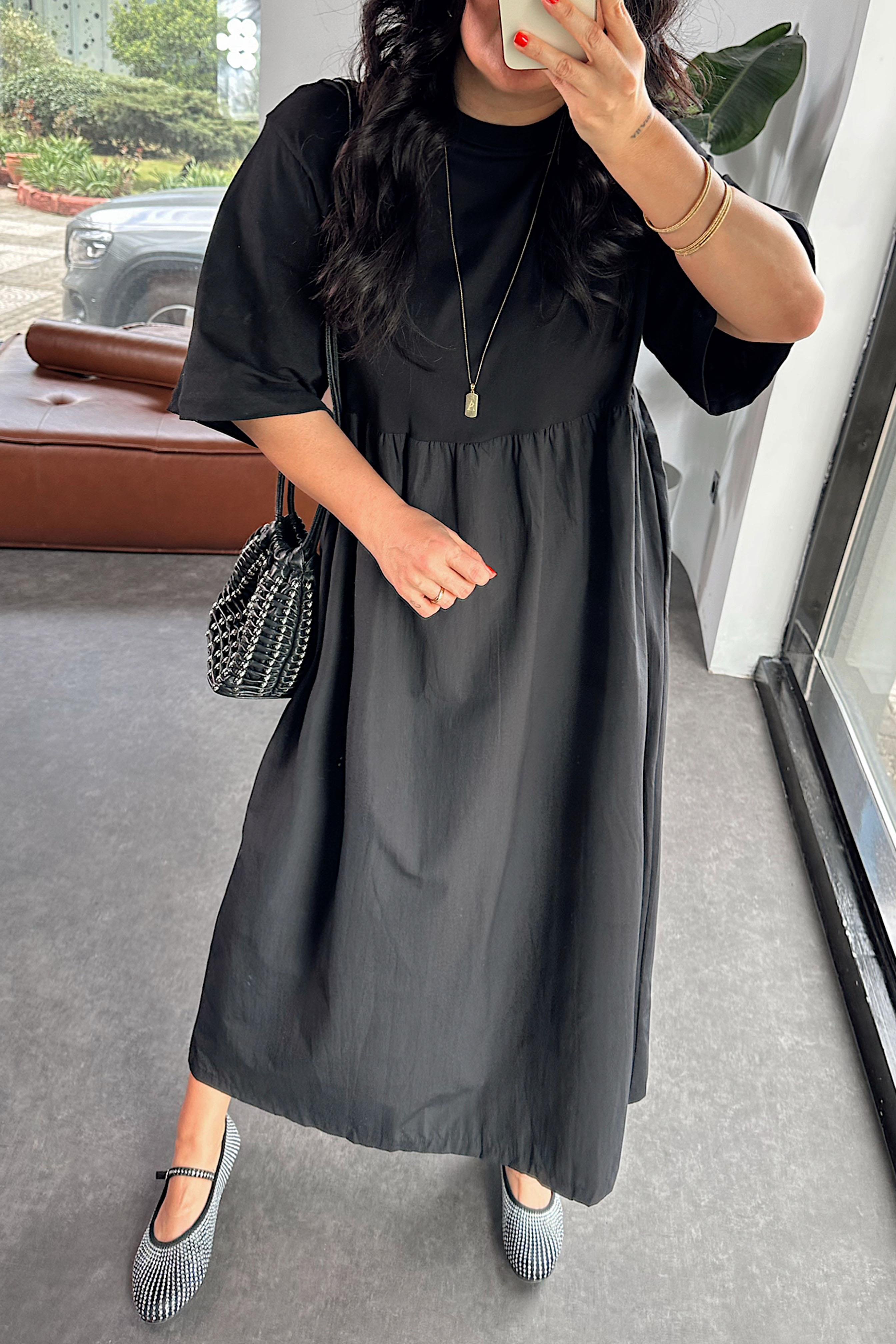 Premium Kalite Tişört Detaylı Oversize Elbise Siyah