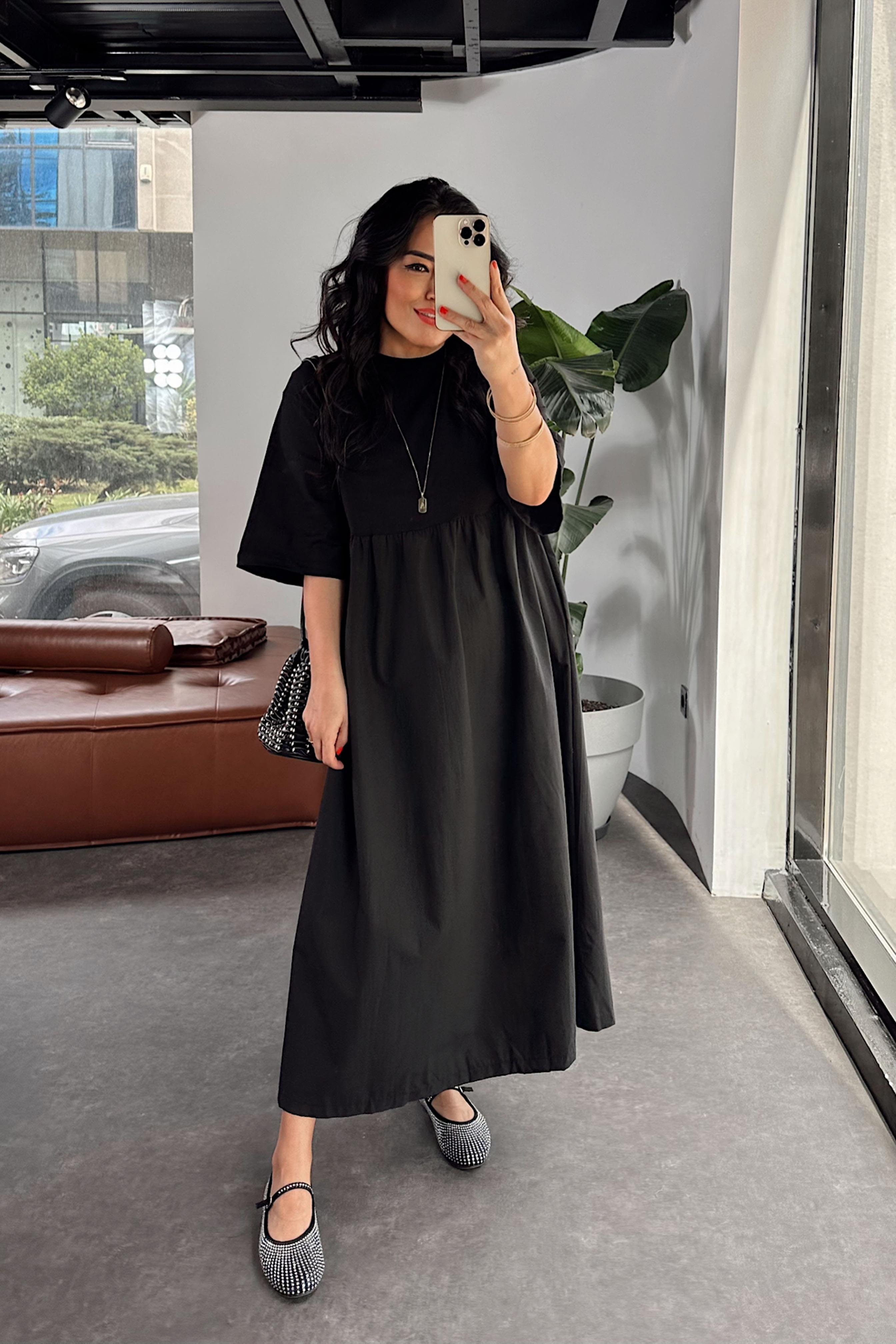 Premium Kalite Tişört Detaylı Oversize Elbise Siyah