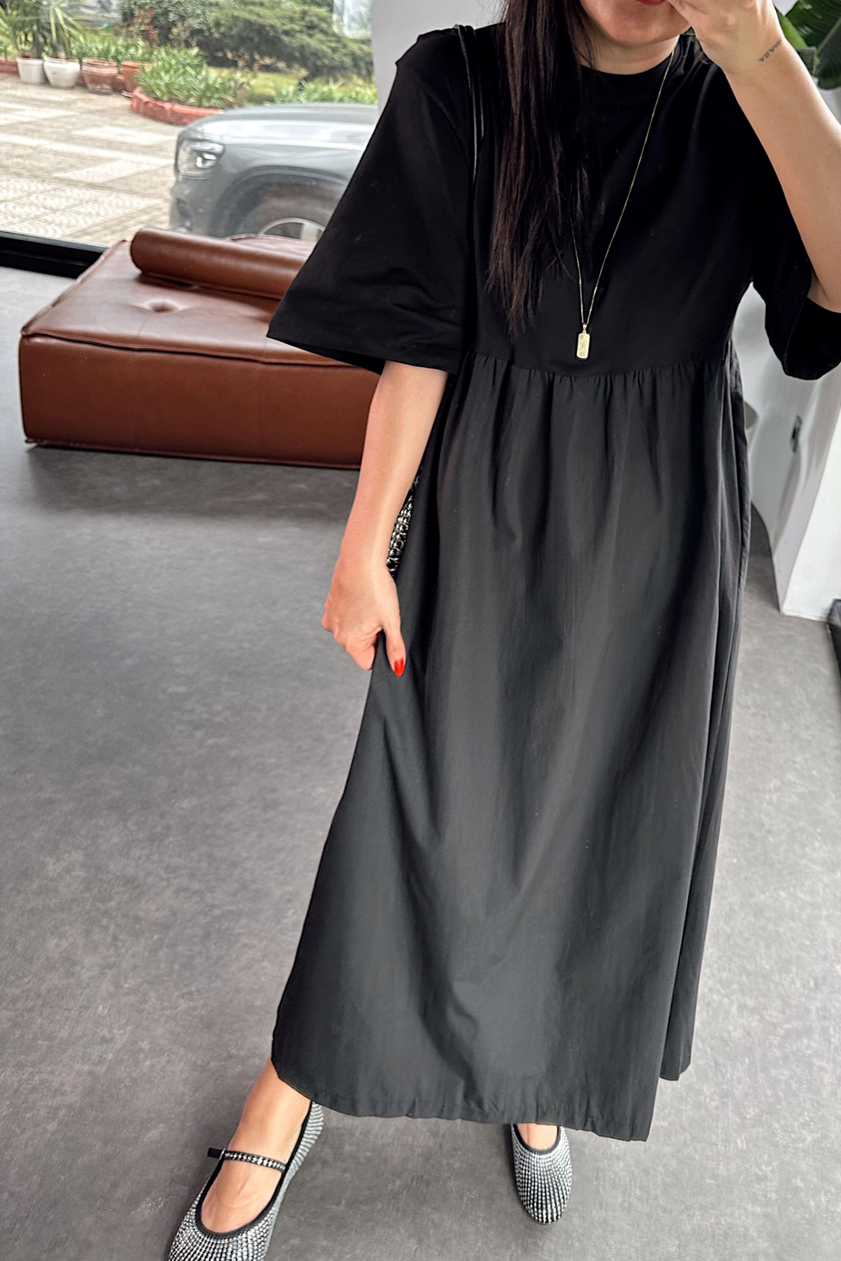 Premium Kalite Tişört Detaylı Oversize Elbise Siyah