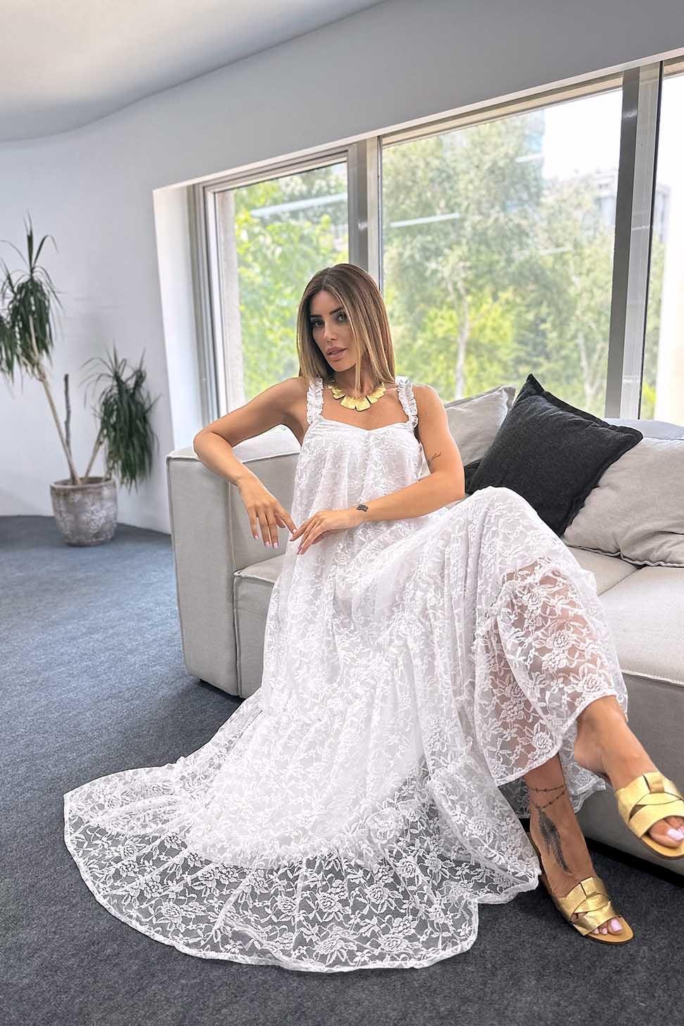 Premium Kalite Tül Kumaş Askılı Uzun Elbise Beyaz