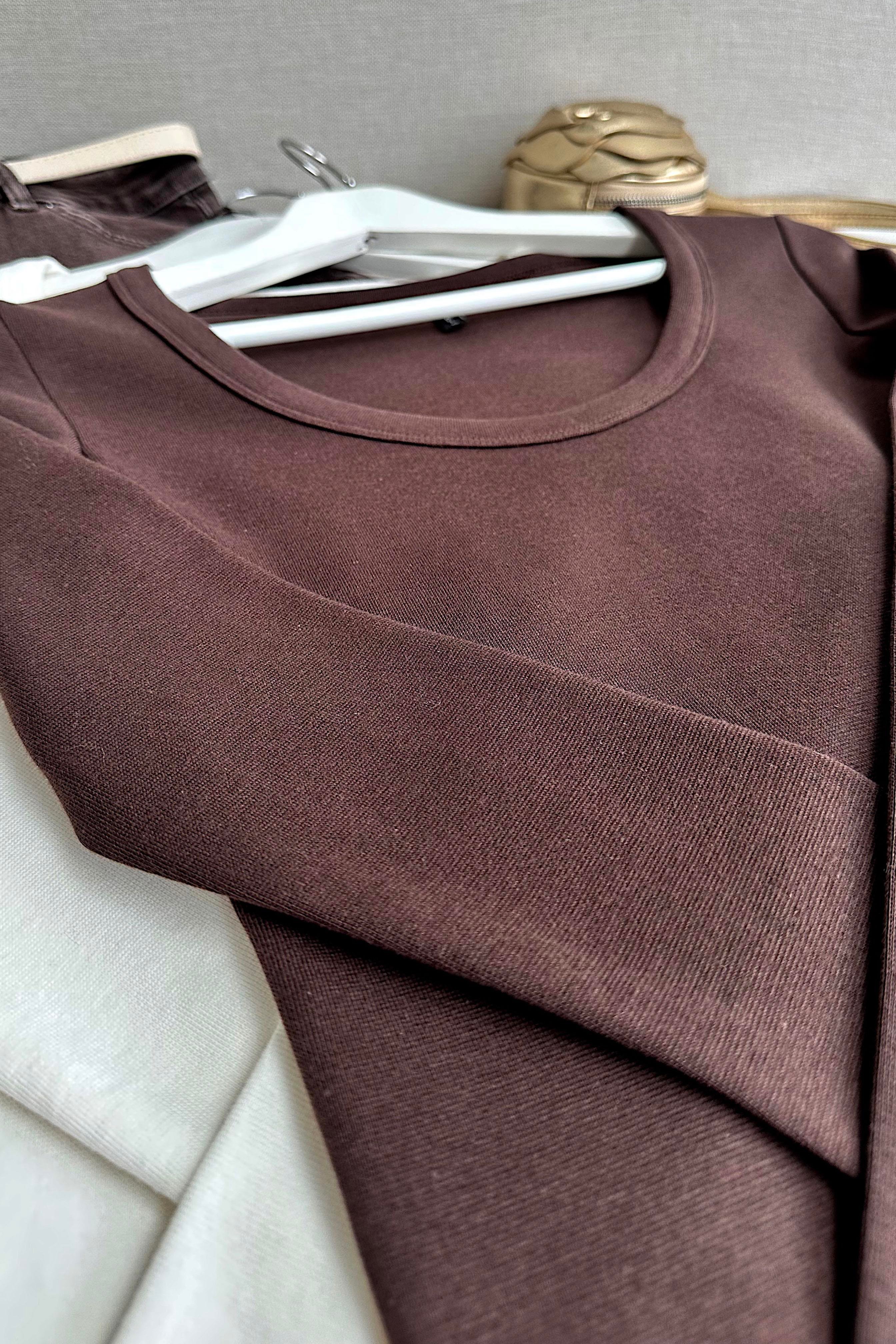 Premium Kalite U Yaka Basic Bluz Kahverengi