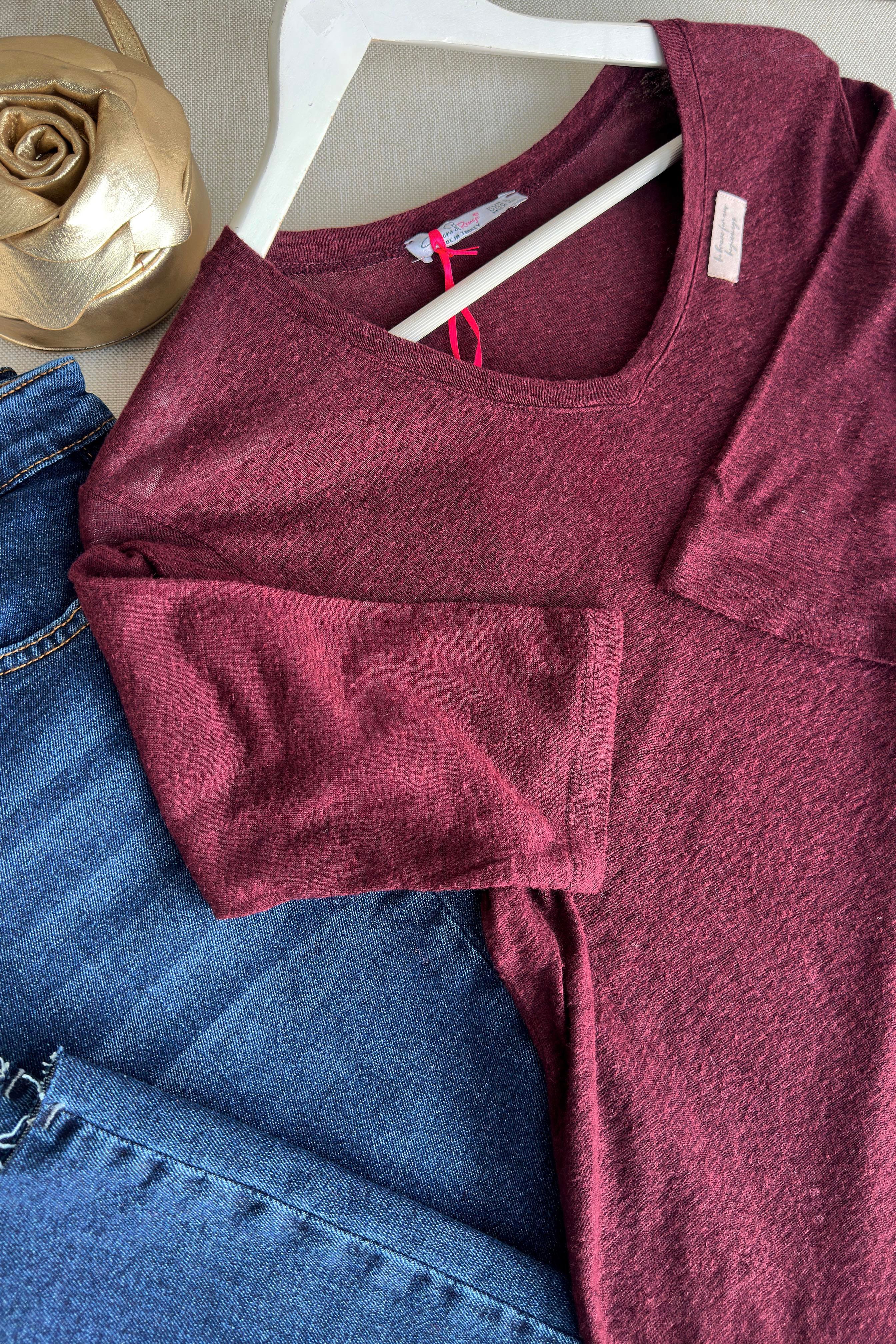 Premium Kalite V Yaka Yumoş Dokulu Basic Bluz Bordo