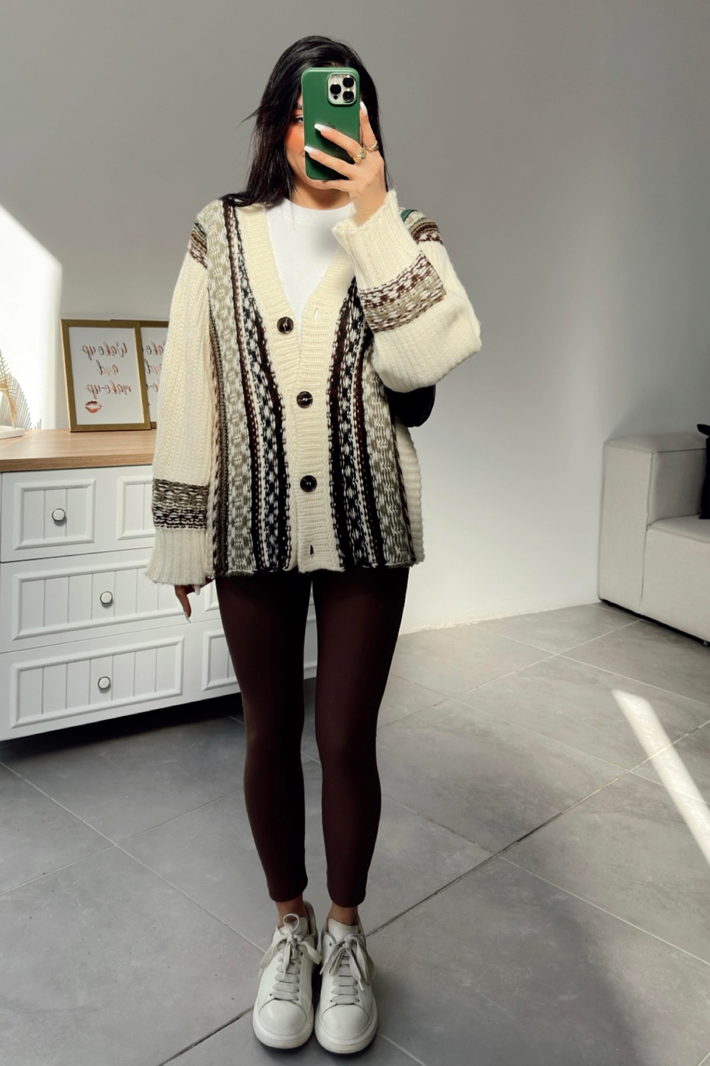 Premium Kalite Vintage Oversize Desenli Hırka Krem