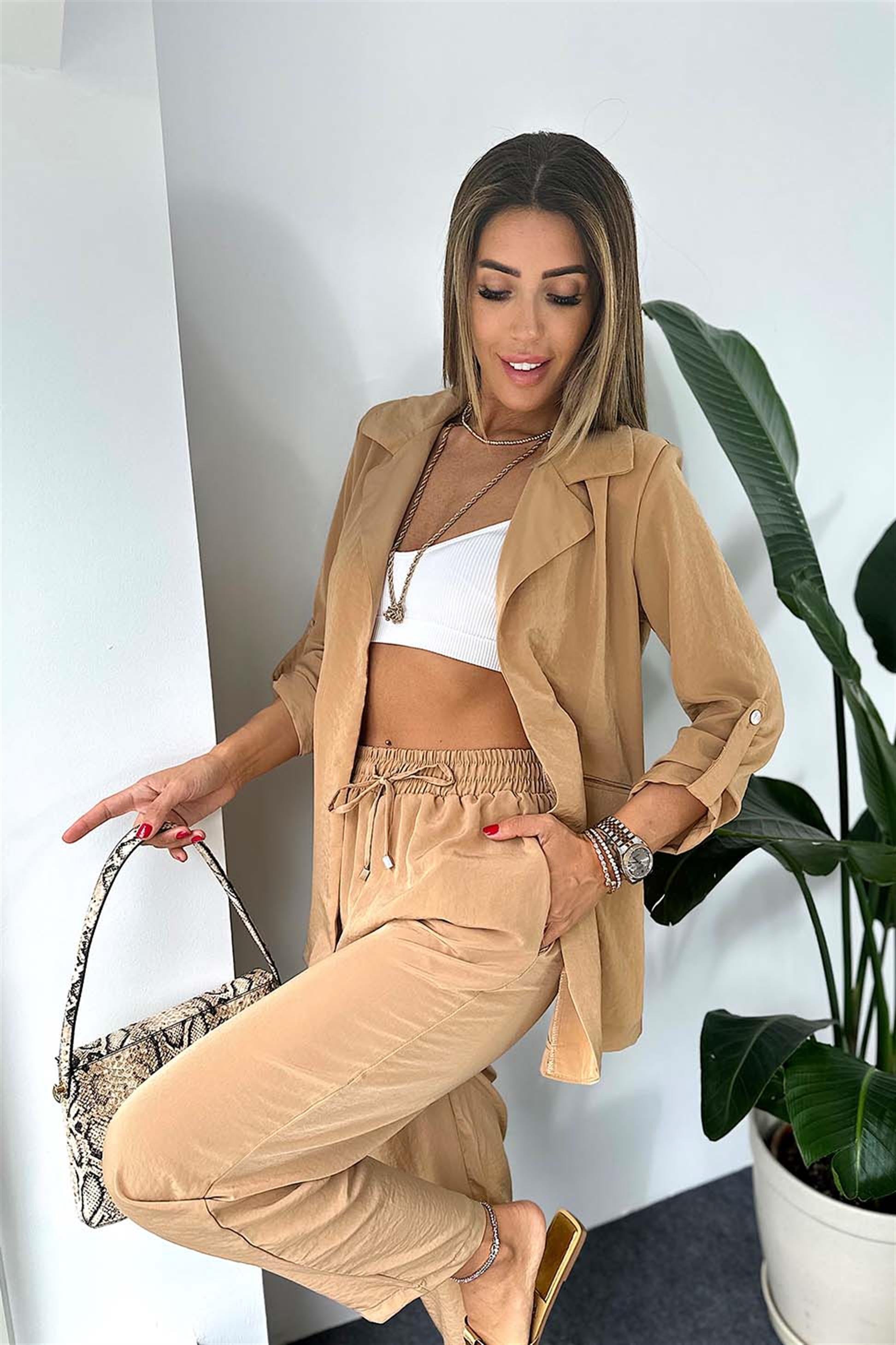 Premium Kalite Viskon Kumaş Kolu Katlama Detaylı Yazlık Ceket Camel
