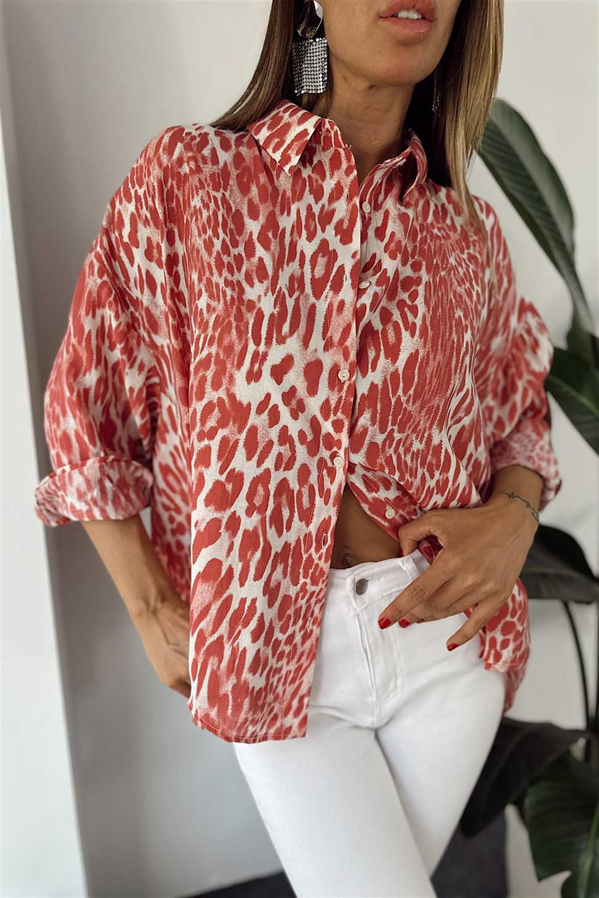 Premium Kalite Viskon Kumaş Oversize Leopar Gömlek Pembe