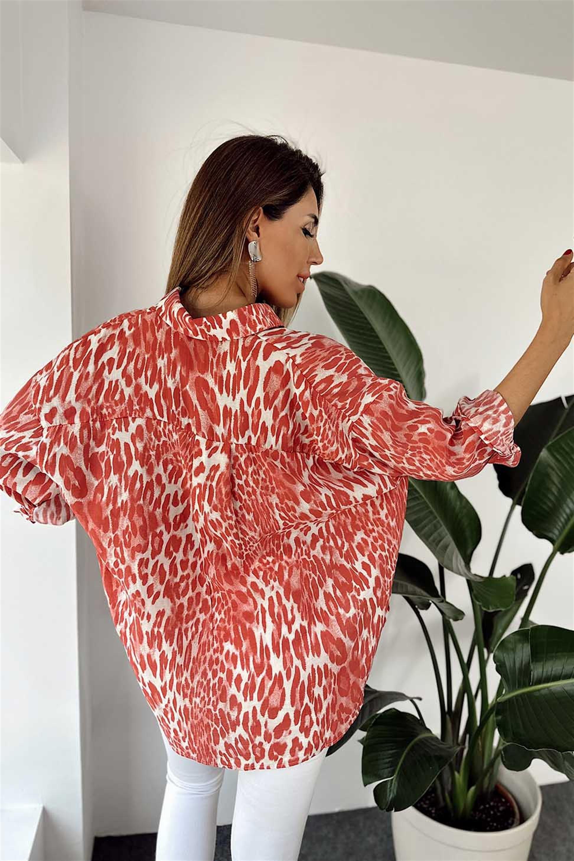 Premium Kalite Viskon Kumaş Oversize Leopar Gömlek Pembe