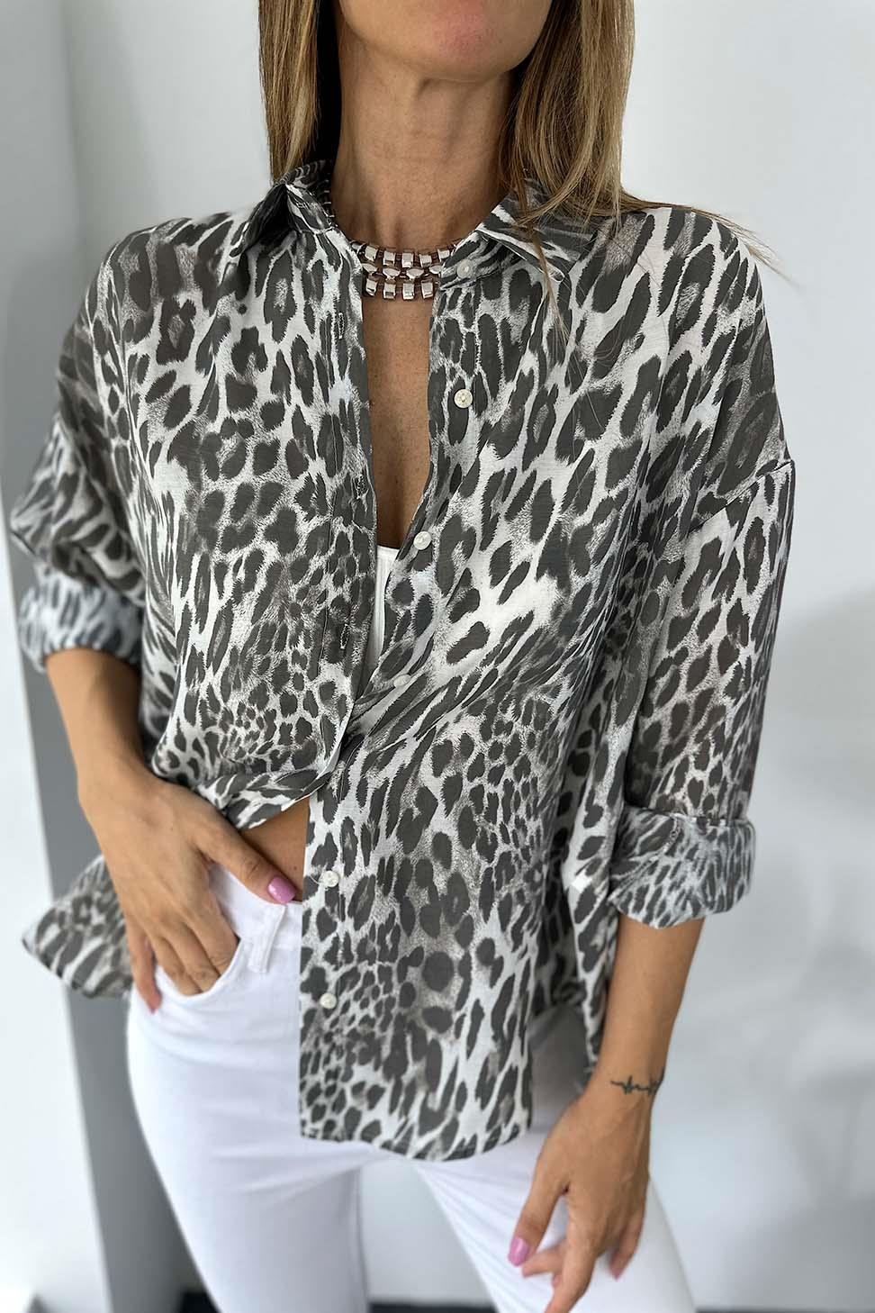 Premium Kalite Viskon Kumaş Oversize Leopar Gömlek Siyah
