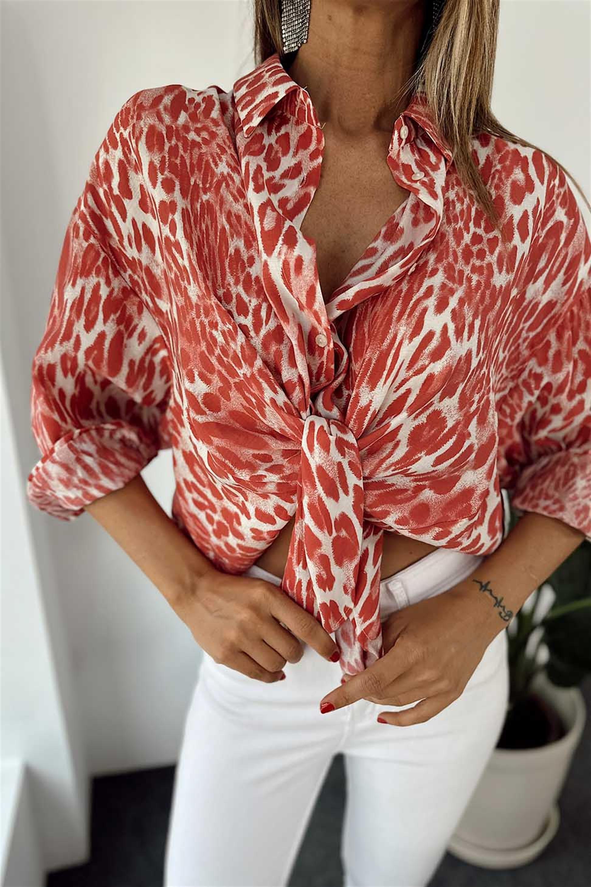 Premium Kalite Viskon Kumaş Oversize Leopar Gömlek Pembe
