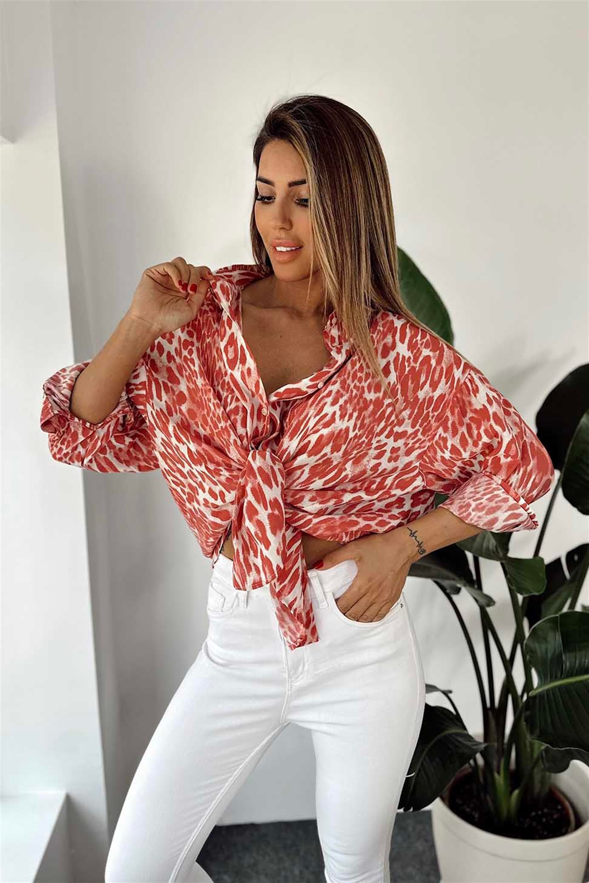 Premium Kalite Viskon Kumaş Oversize Leopar Gömlek Pembe