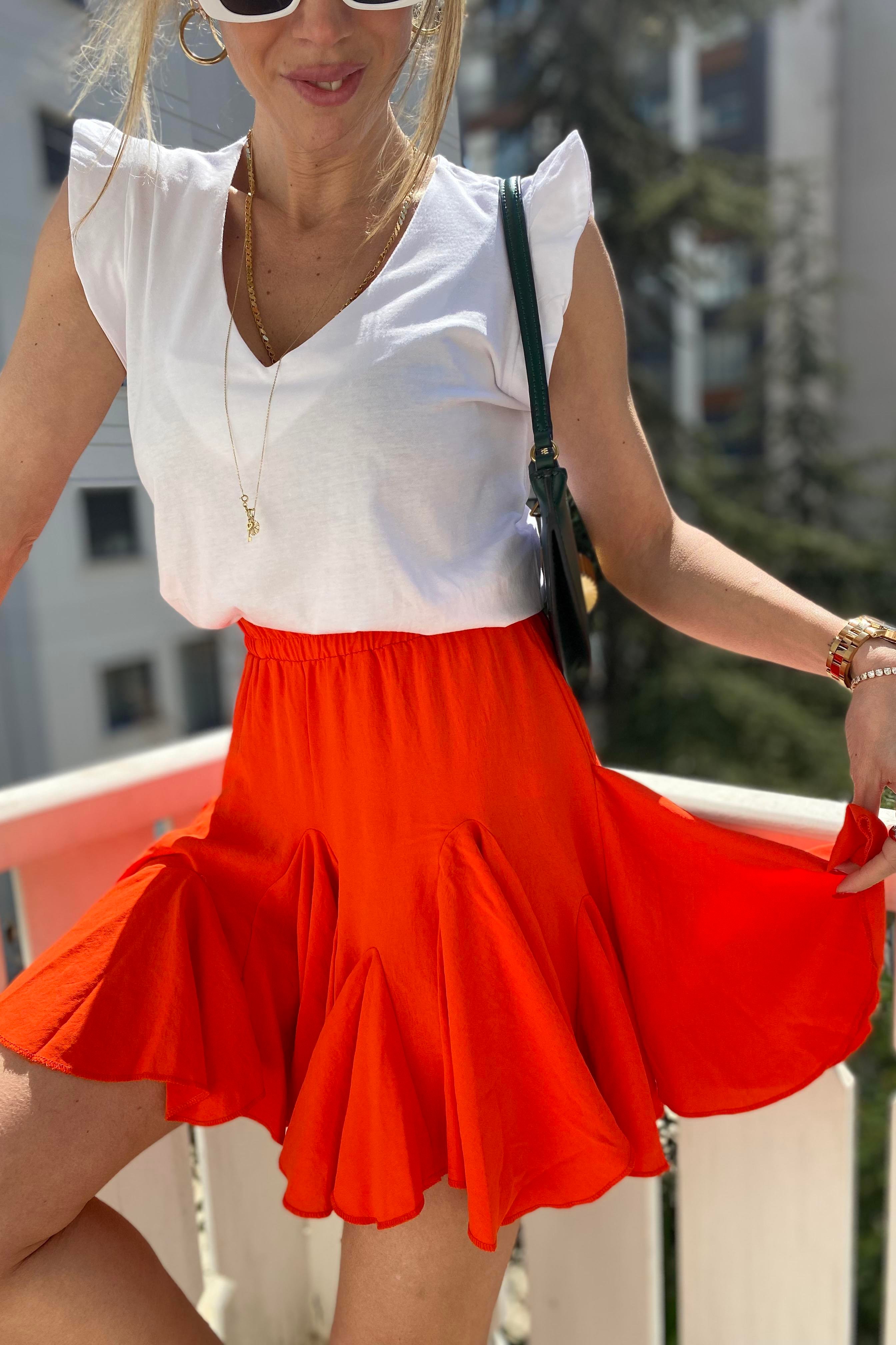 Premium Kalite Volanlı Şort Astar Detaylı Mini Etek Nar Çiçeği